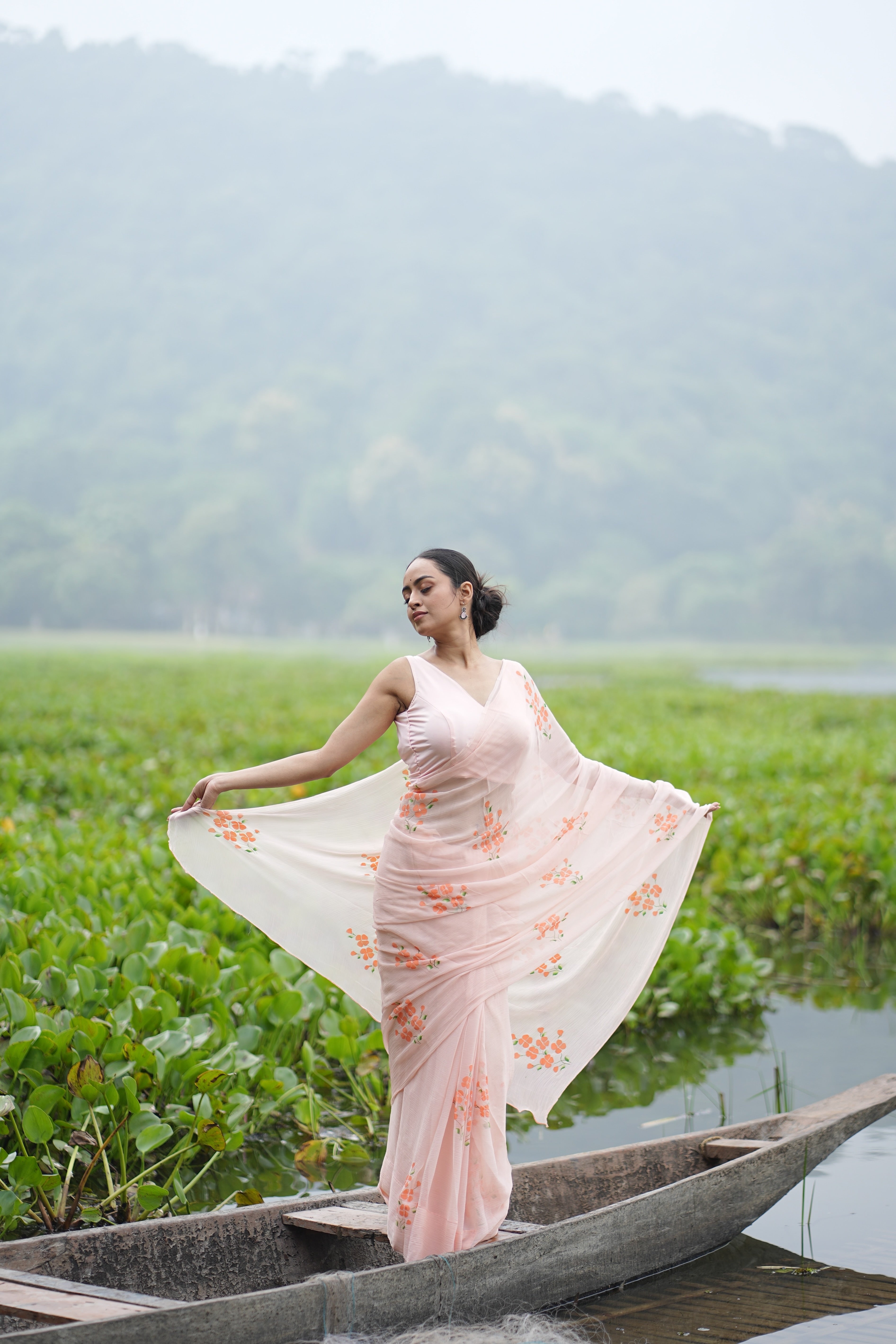 Apricot Bloom (Pure Chiffon Hand Painted Saree)