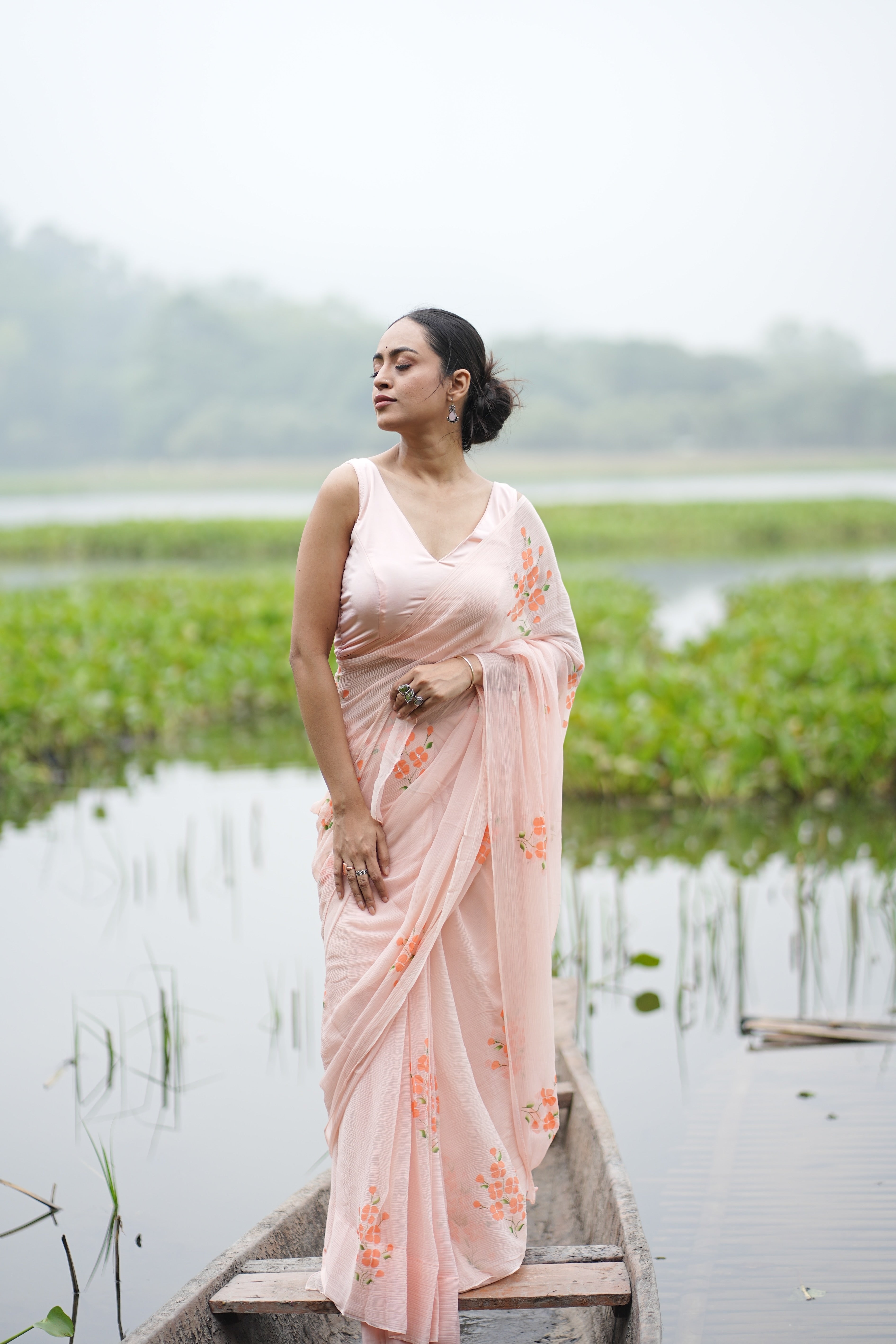 Apricot Bloom (Pure Chiffon Hand Painted Saree)