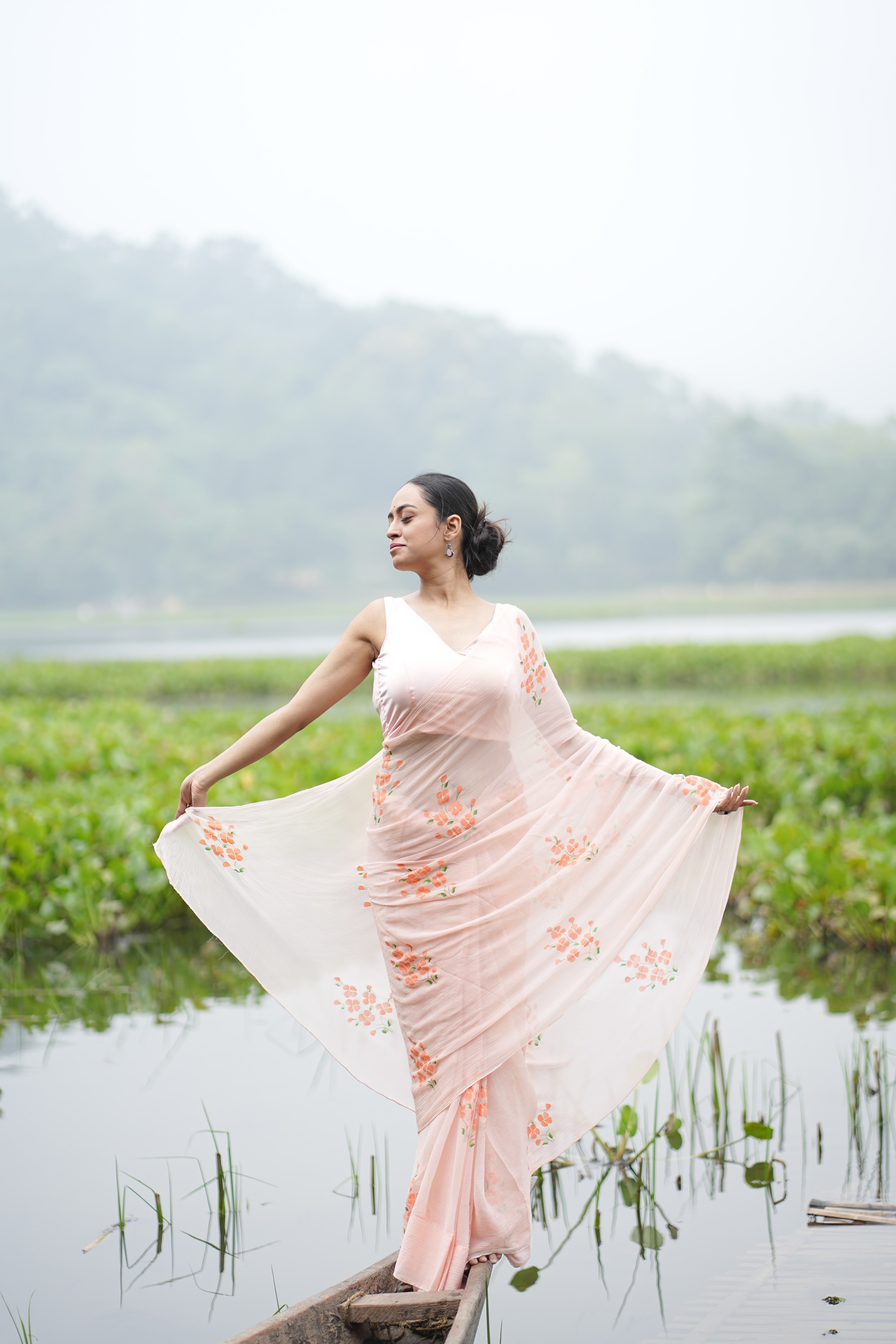 Apricot Bloom (Pure Chiffon Hand Painted Saree)