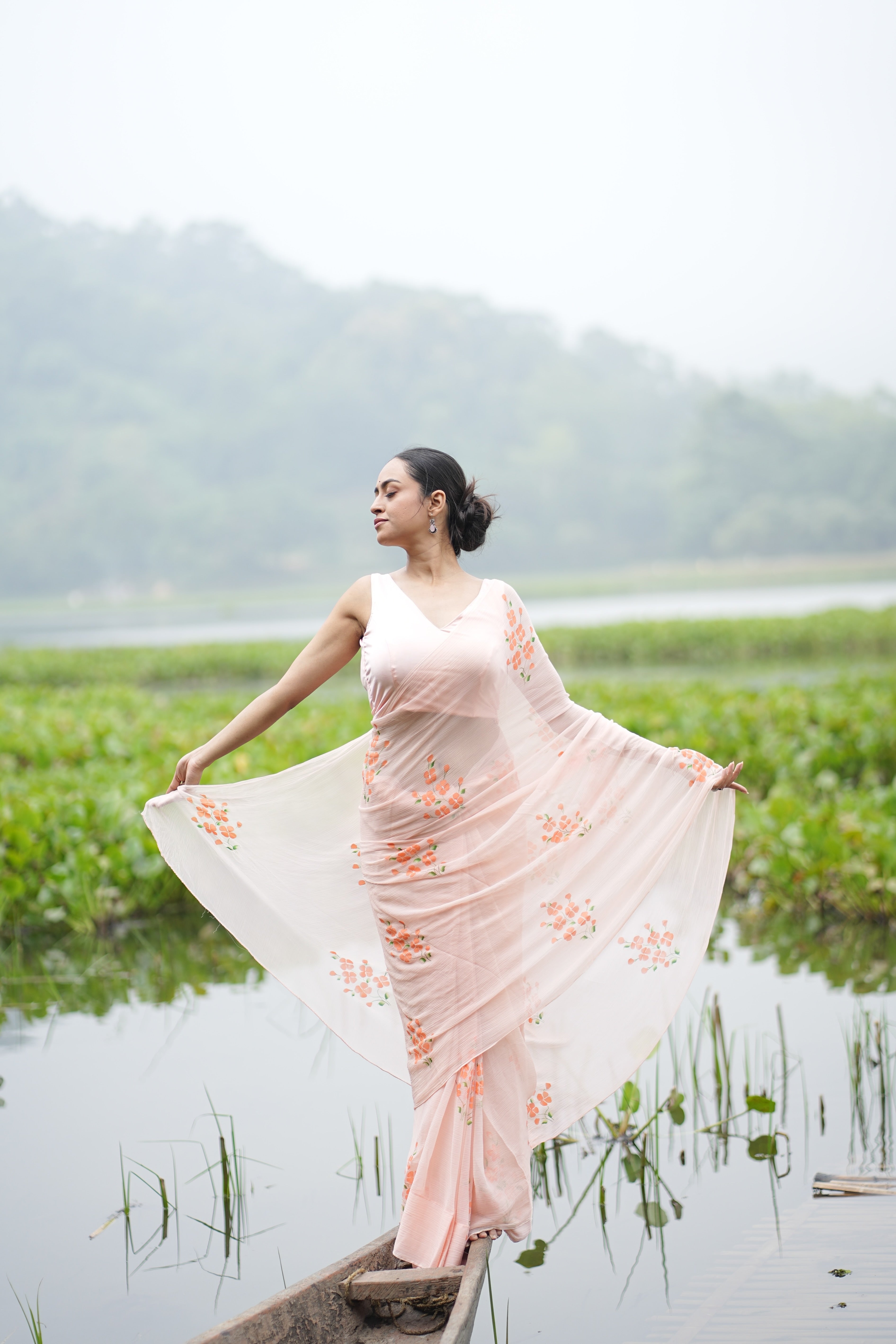 Apricot Bloom (Pure Chiffon Hand Painted Saree)