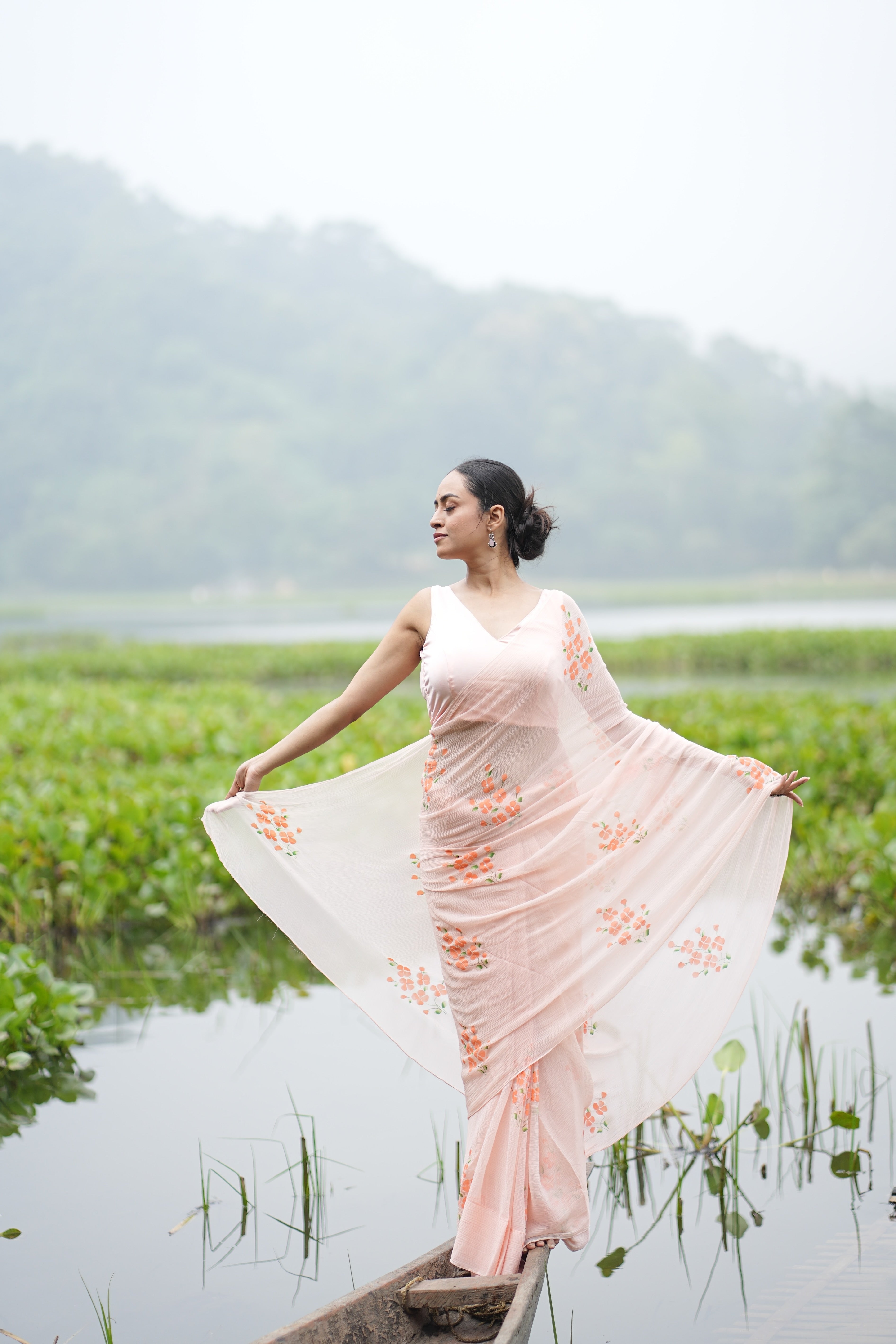 Apricot Bloom (Pure Chiffon Hand Painted Saree)