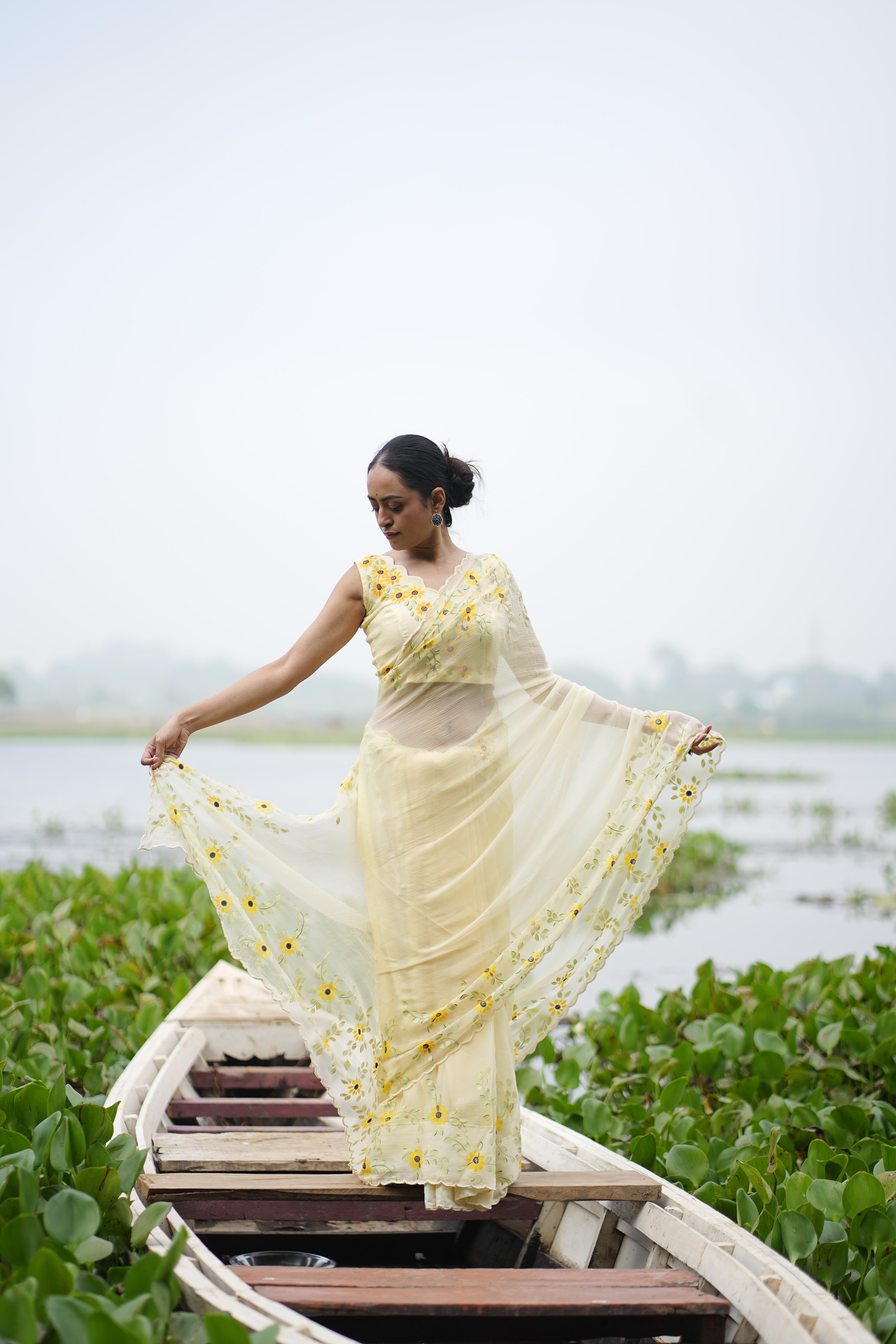 Sunflower Muse (Pure Chiffon Hand Painted Saree)