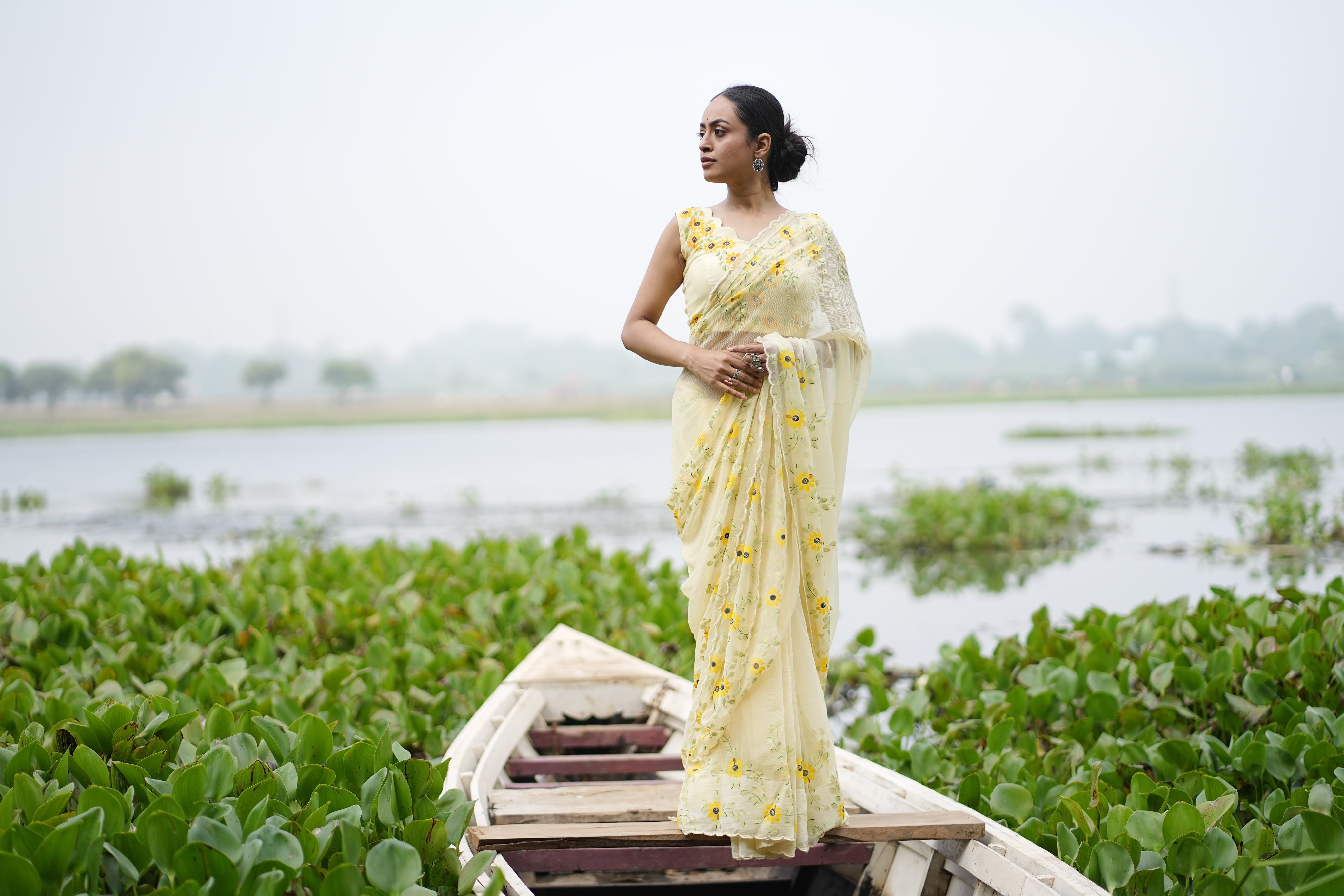 Sunflower Muse (Pure Chiffon Hand Painted Saree)
