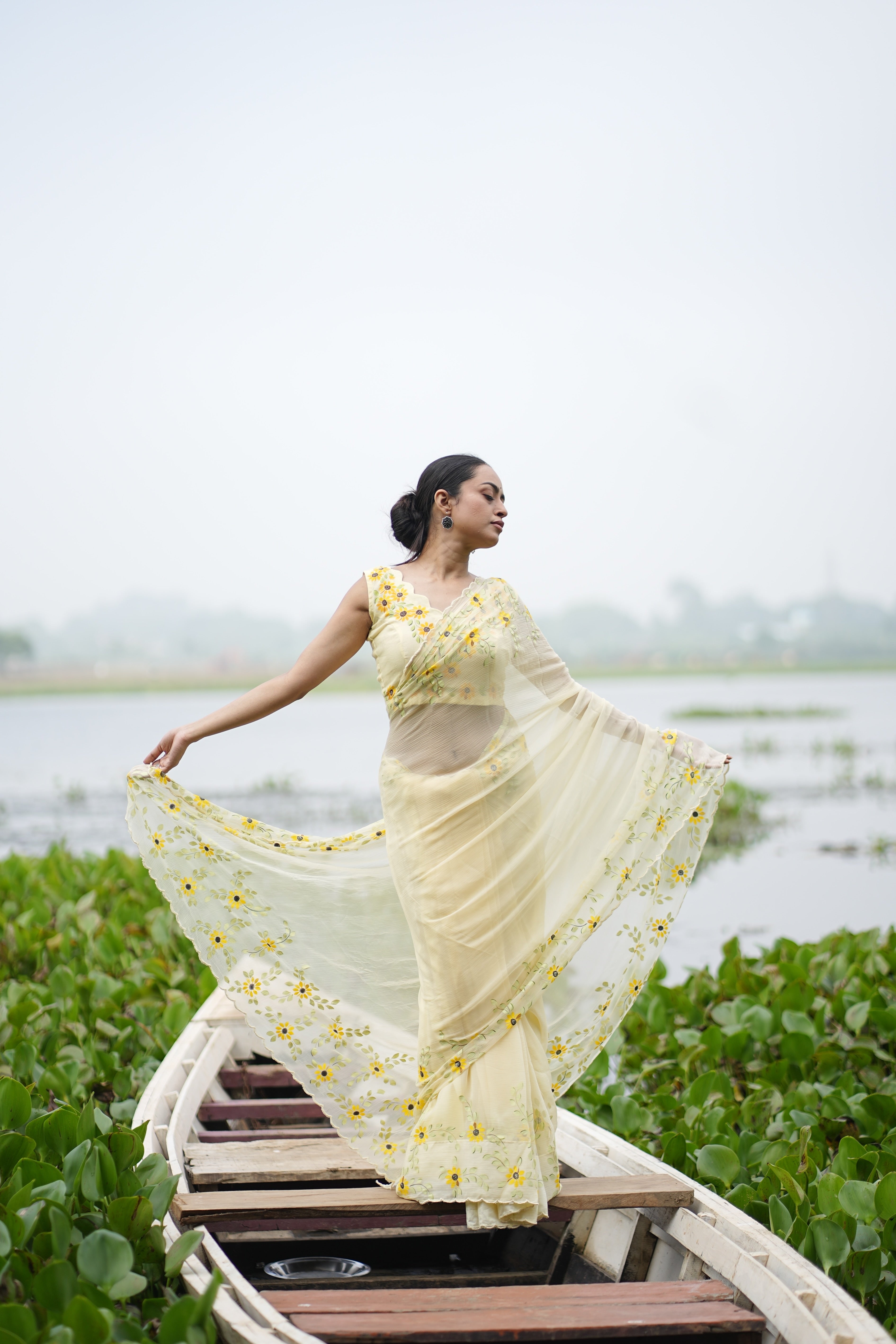 Sunflower Muse (Pure Chiffon Hand Painted Saree)