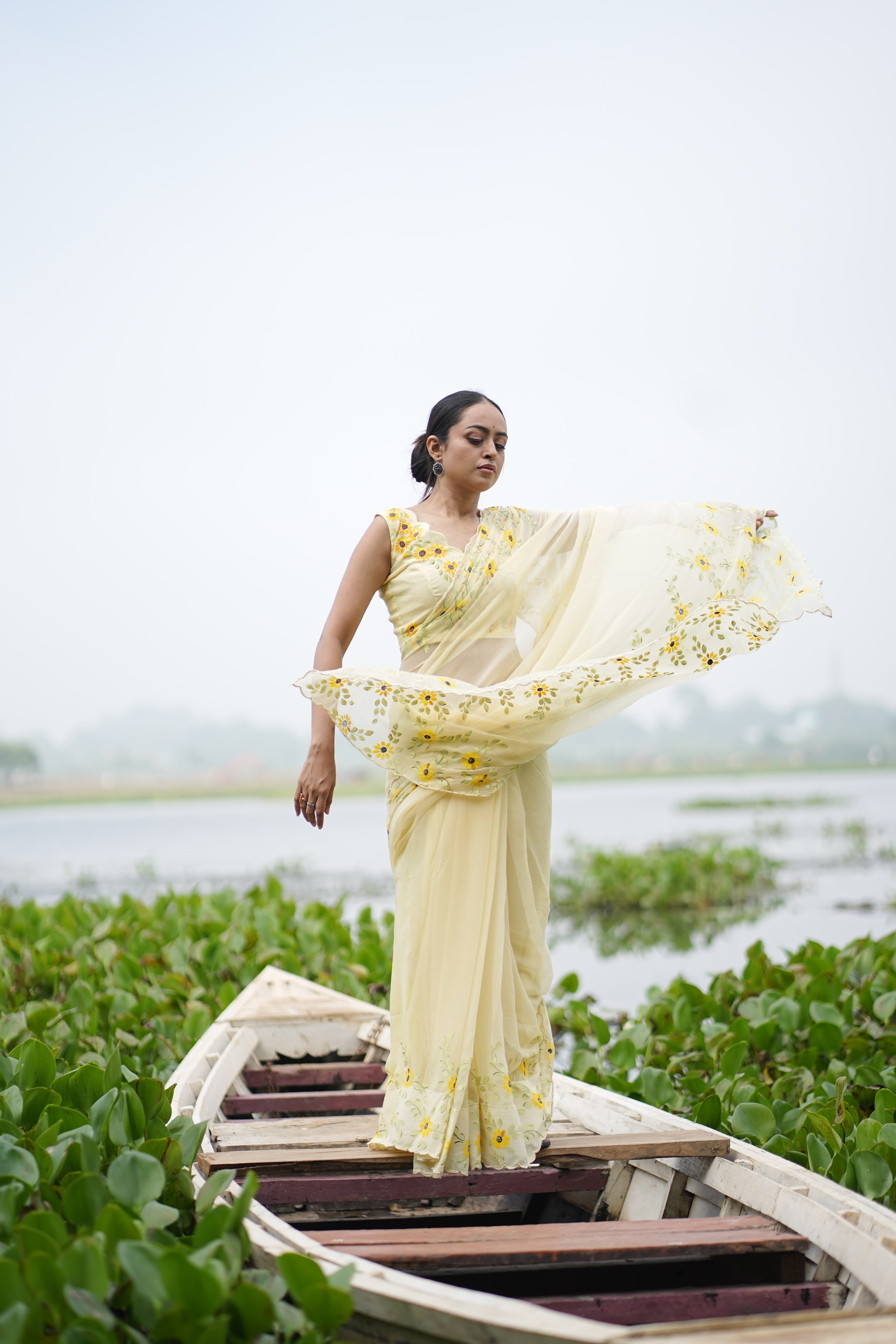 Sunflower Muse (Pure Chiffon Hand Painted Saree)