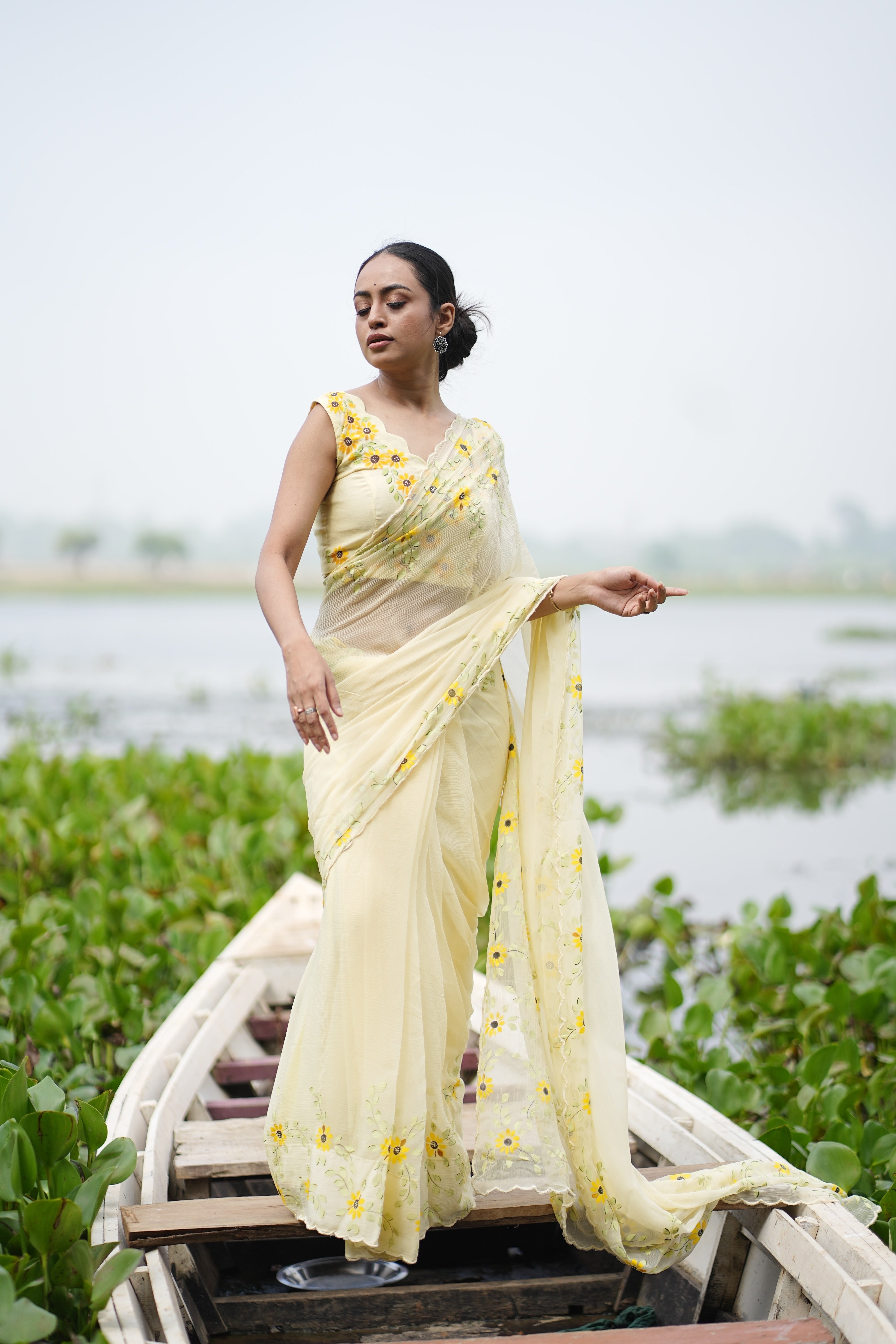 Sunflower Muse (Pure Chiffon Hand Painted Saree)