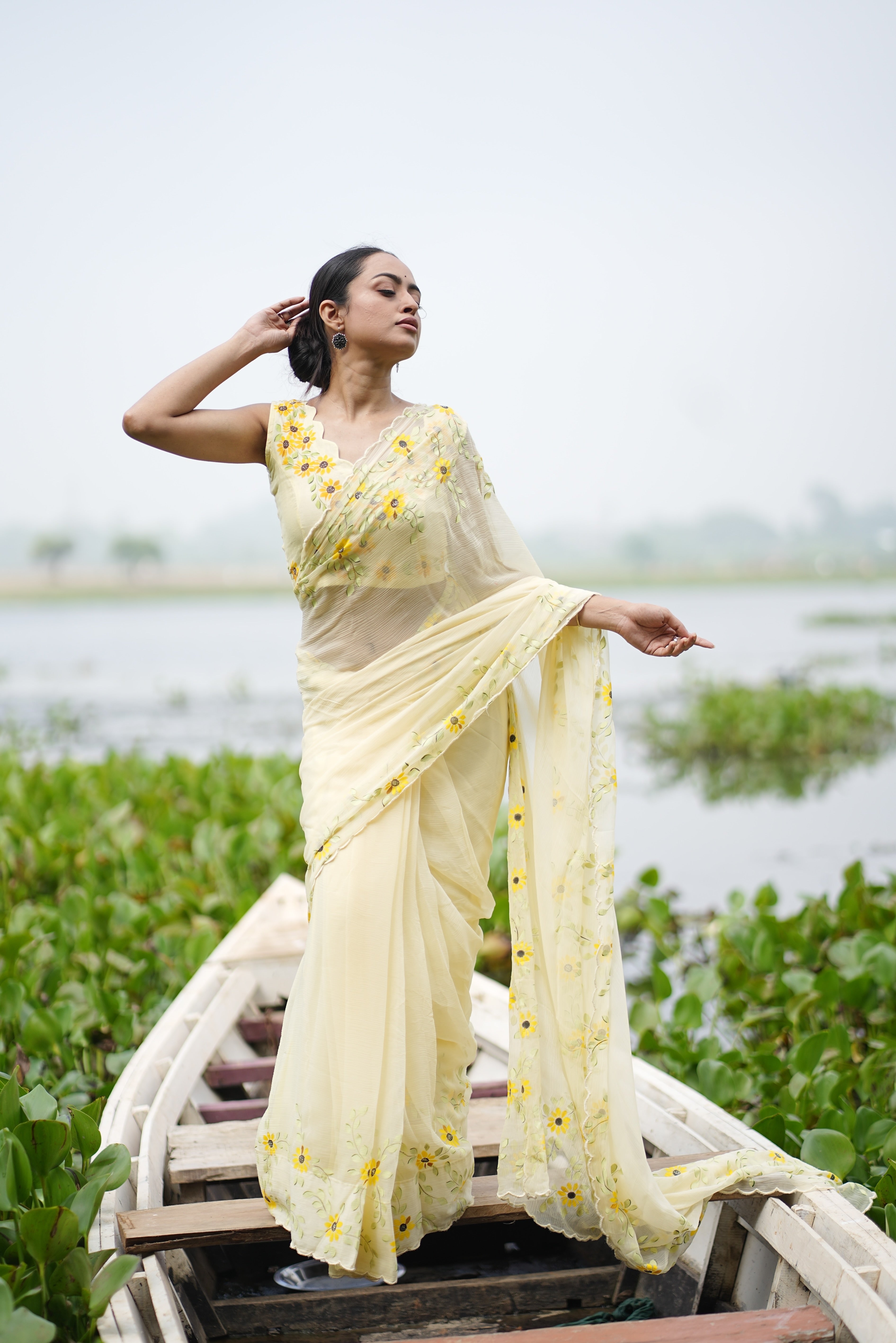 Sunflower Muse (Pure Chiffon Hand Painted Saree)