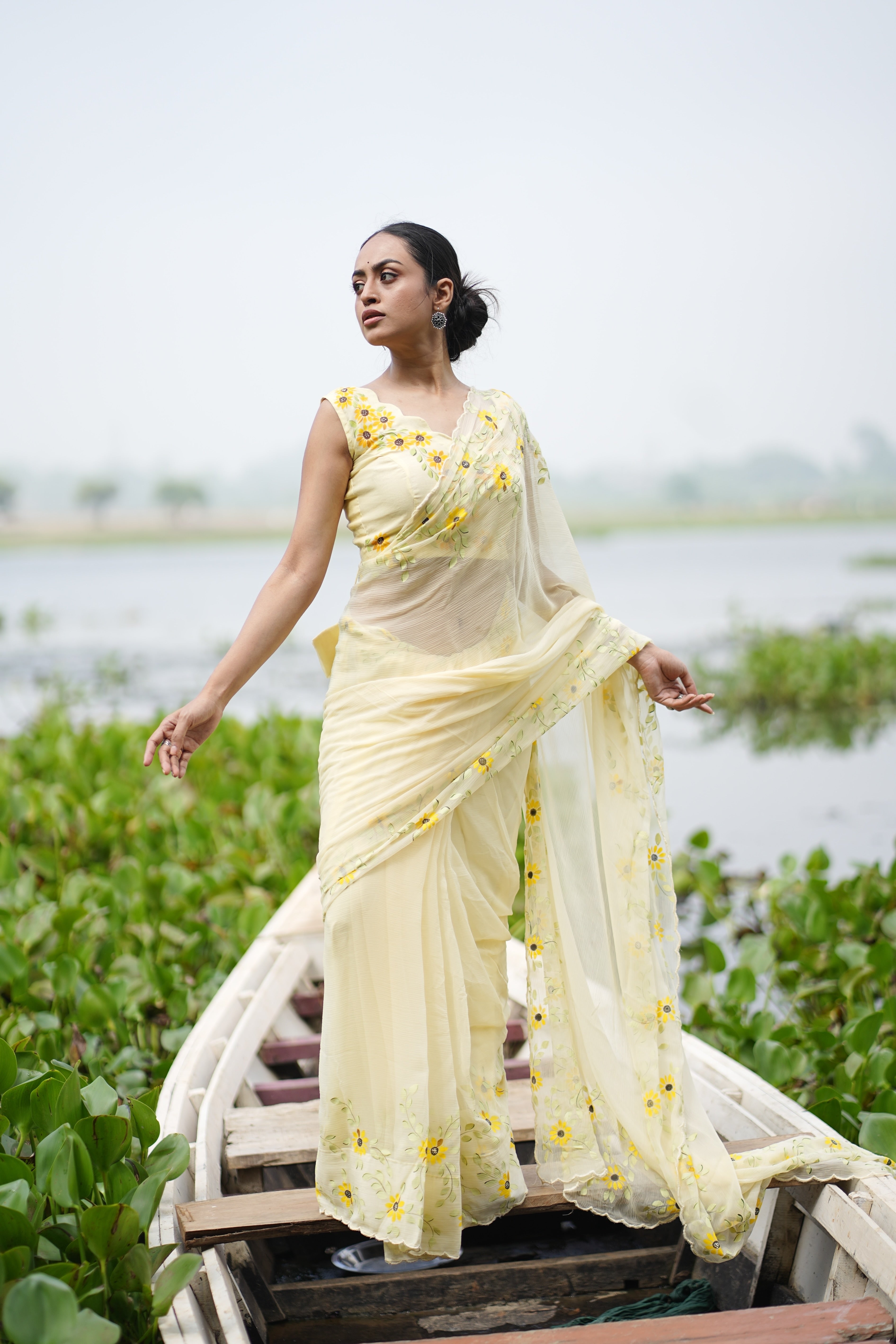 Sunflower Muse (Pure Chiffon Hand Painted Saree)
