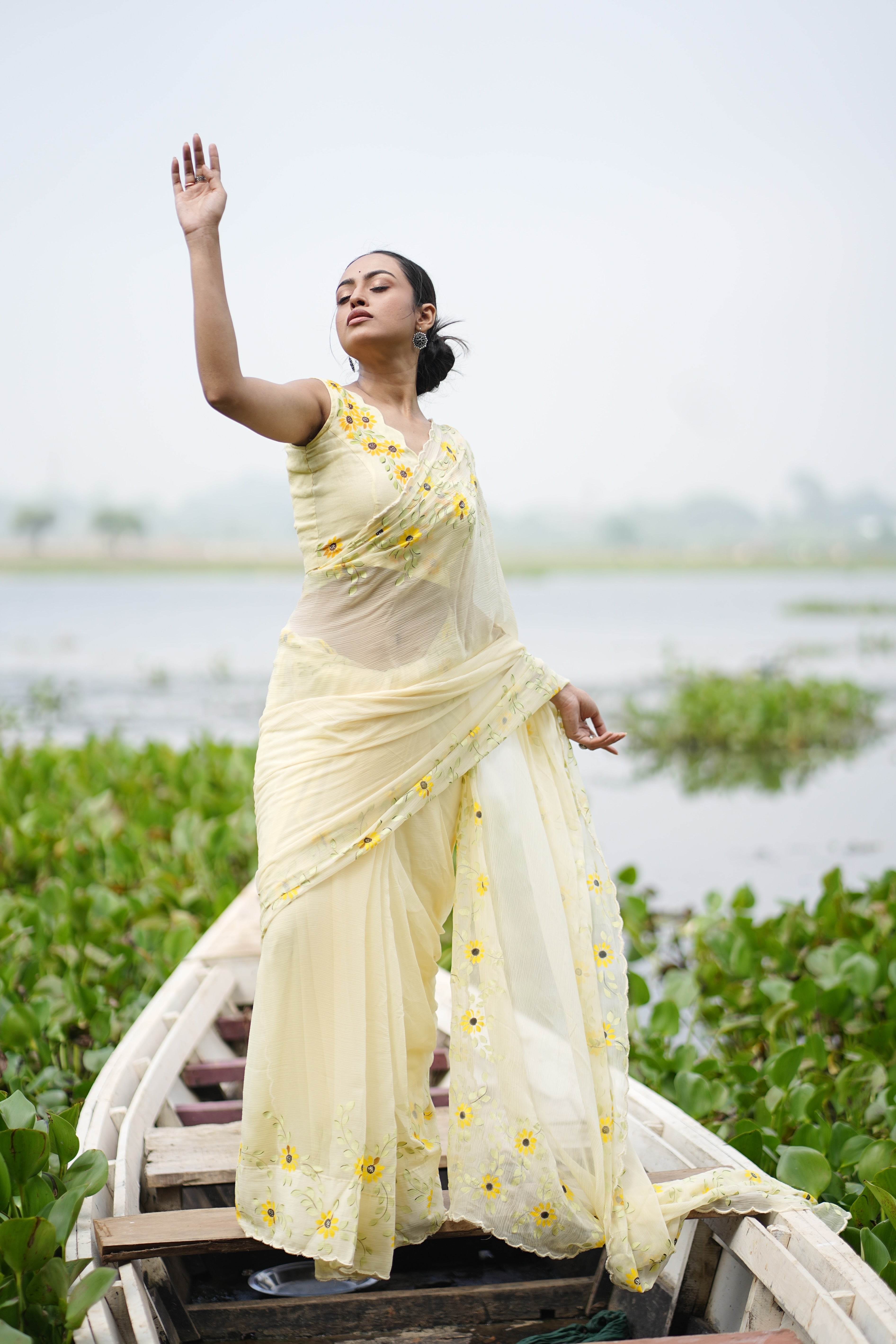 Sunflower Muse (Pure Chiffon Hand Painted Saree)