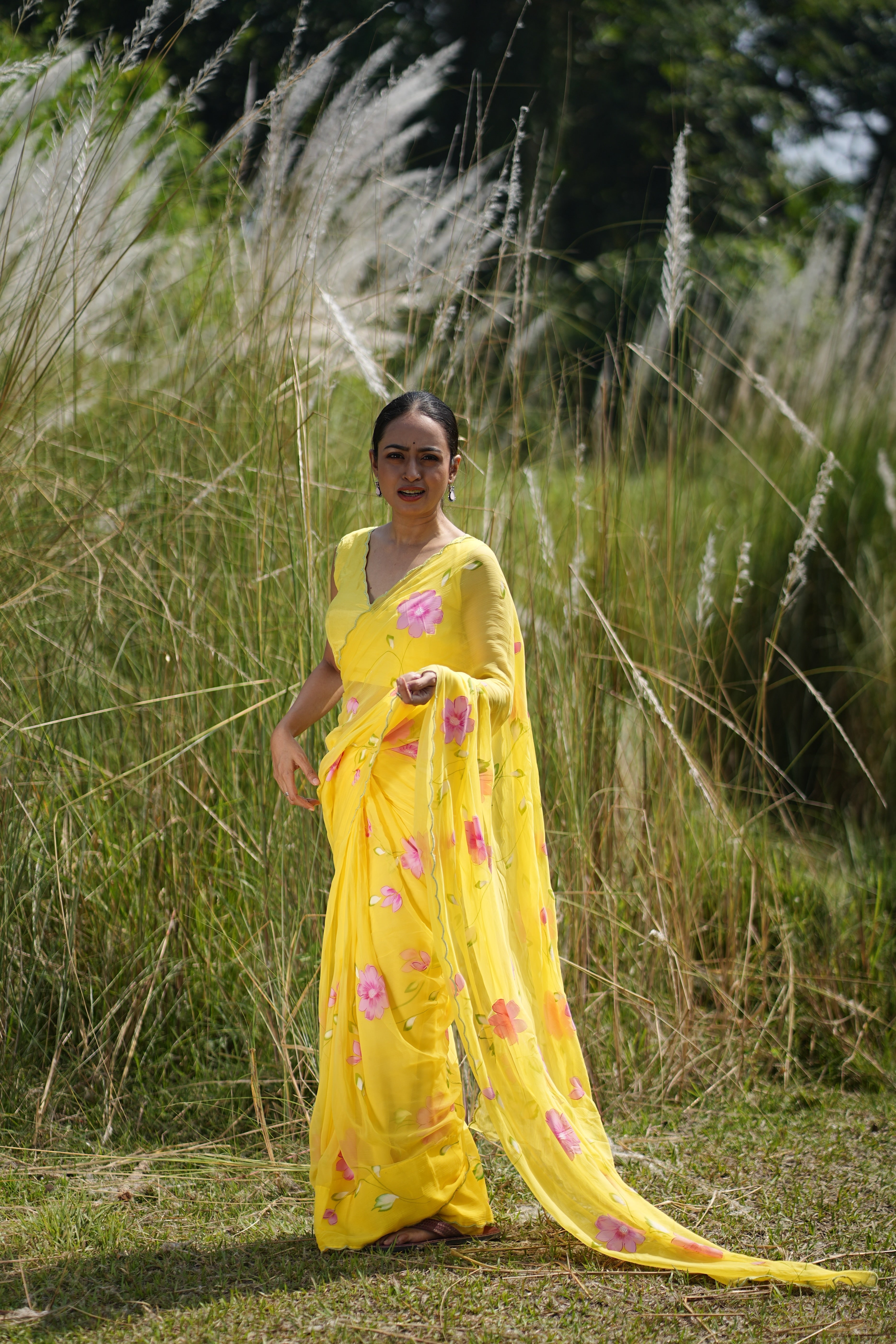 Primrose Glow (Pure Chiffon Hand Painted Saree)