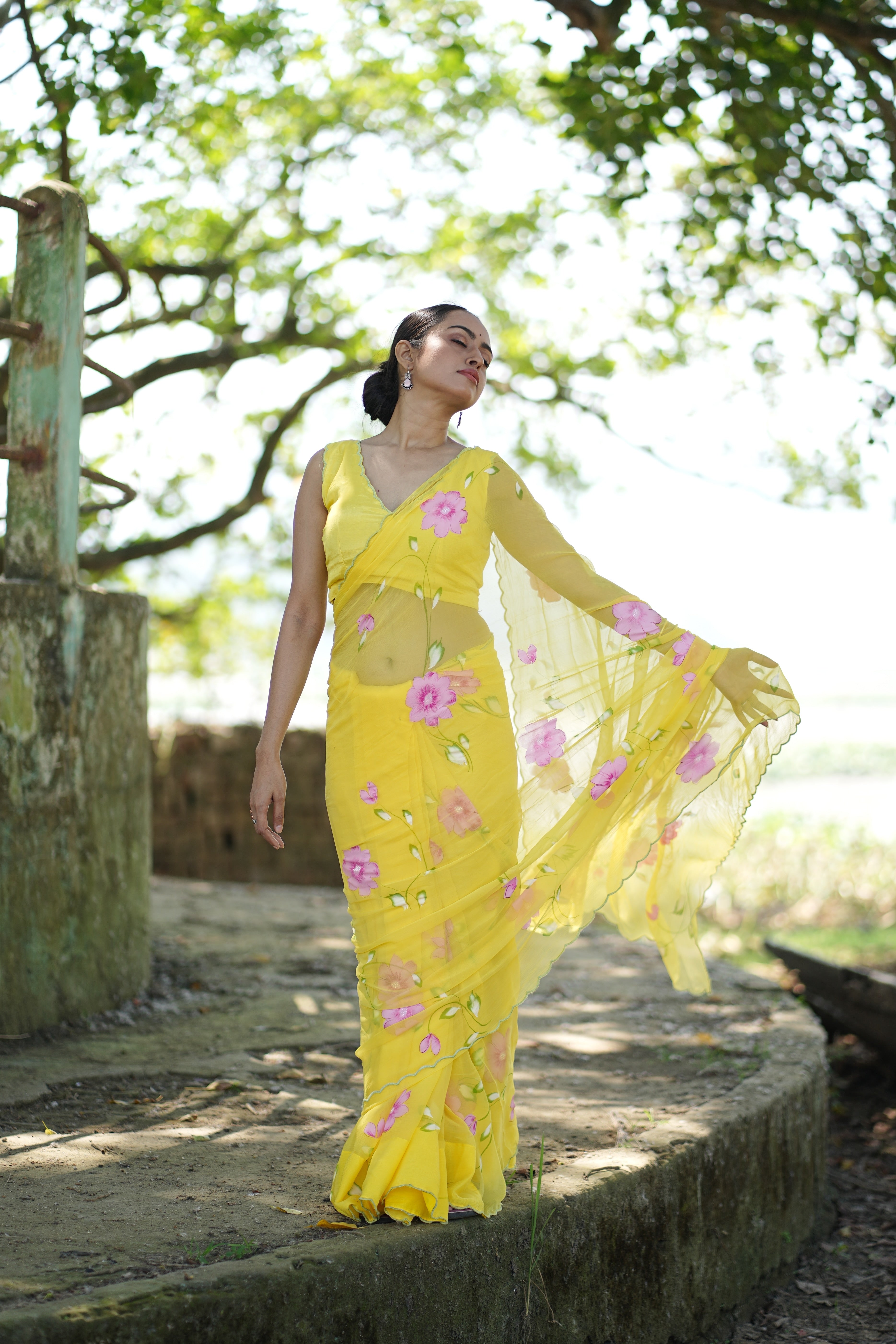 Primrose Glow (Pure Chiffon Hand Painted Saree)