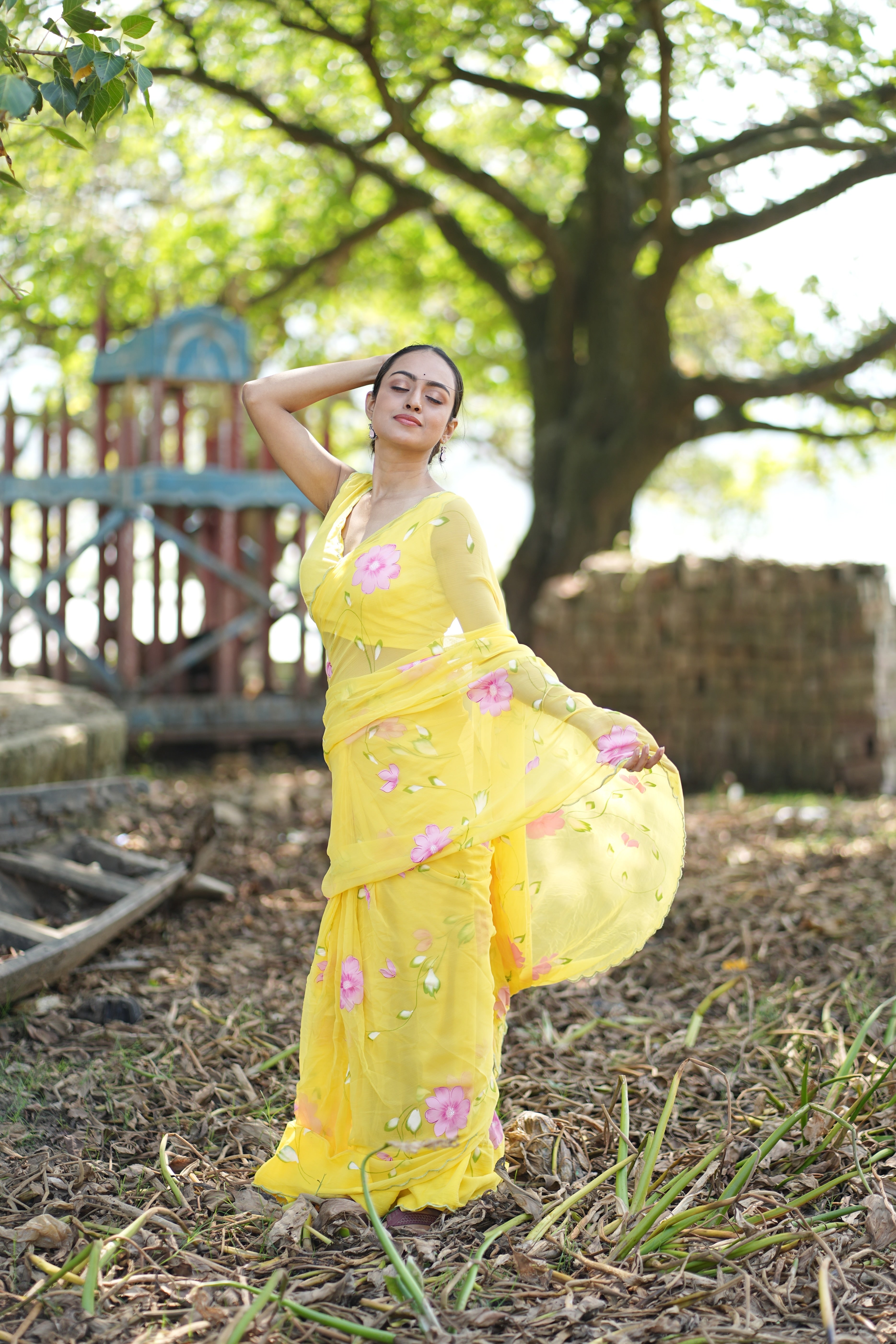 Primrose Glow (Pure Chiffon Hand Painted Saree)
