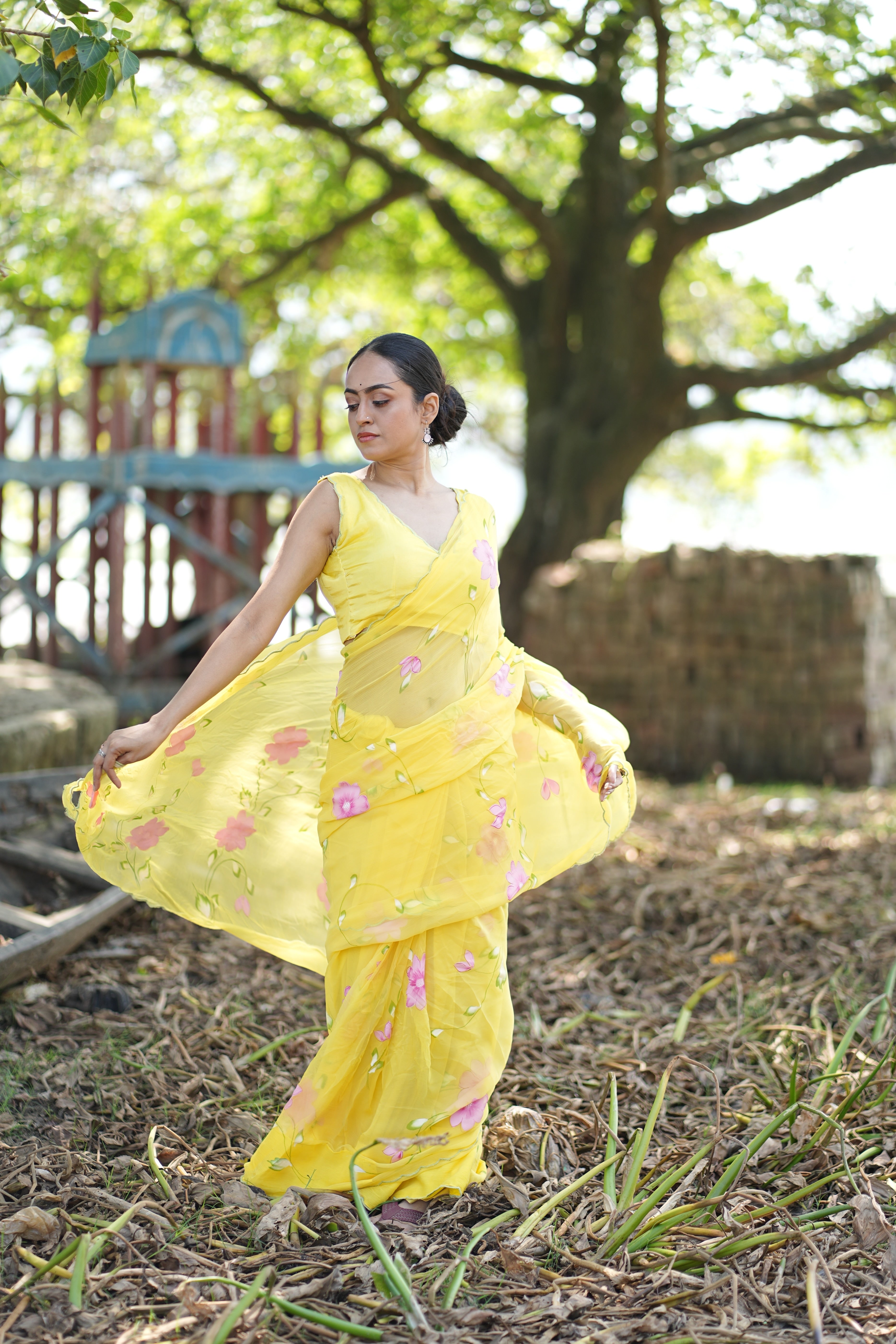 Primrose Glow (Pure Chiffon Hand Painted Saree)