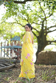 Primrose Glow (Pure Chiffon Hand Painted Saree)