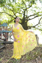 Primrose Glow (Pure Chiffon Hand Painted Saree)