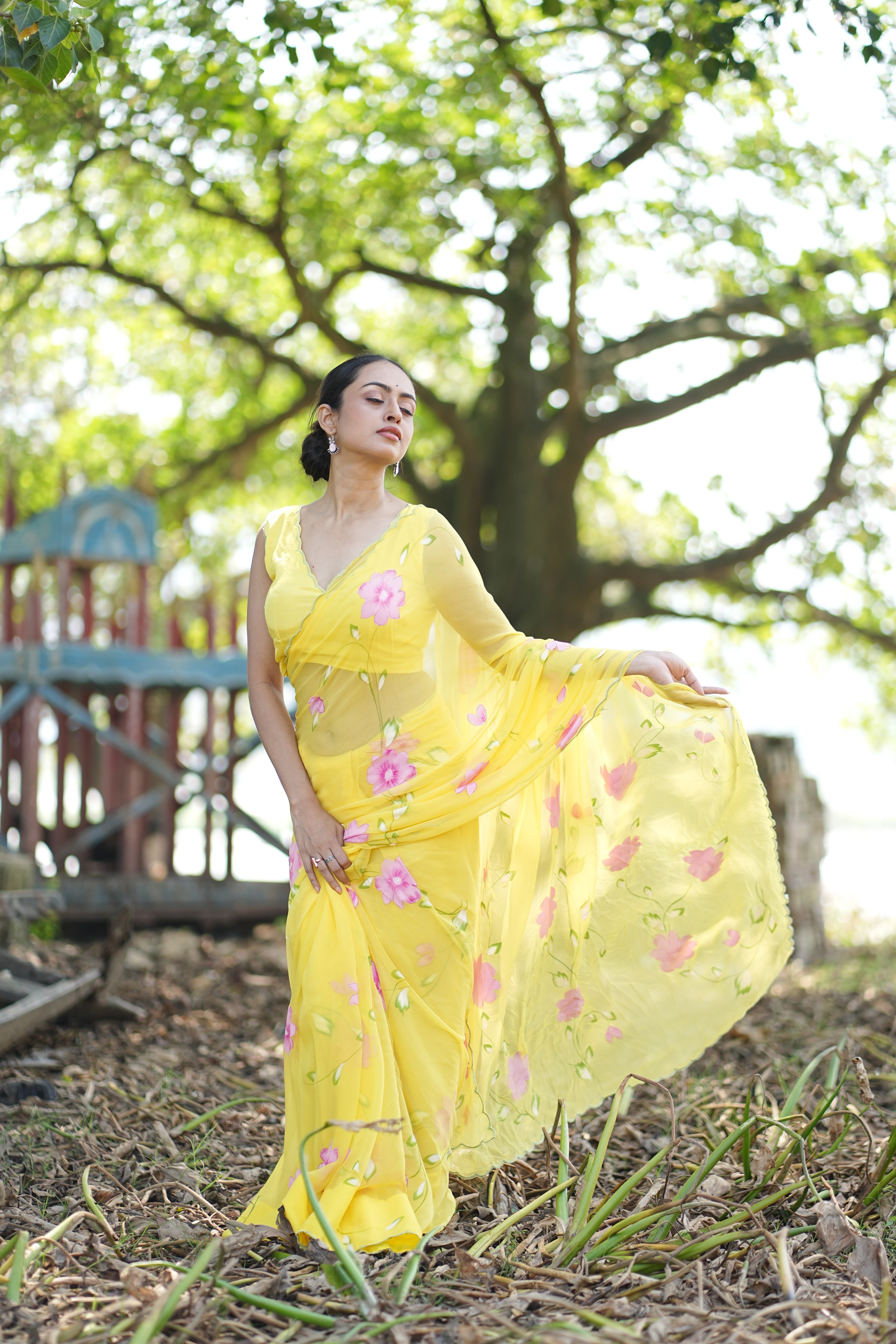 Primrose Glow (Pure Chiffon Hand Painted Saree)