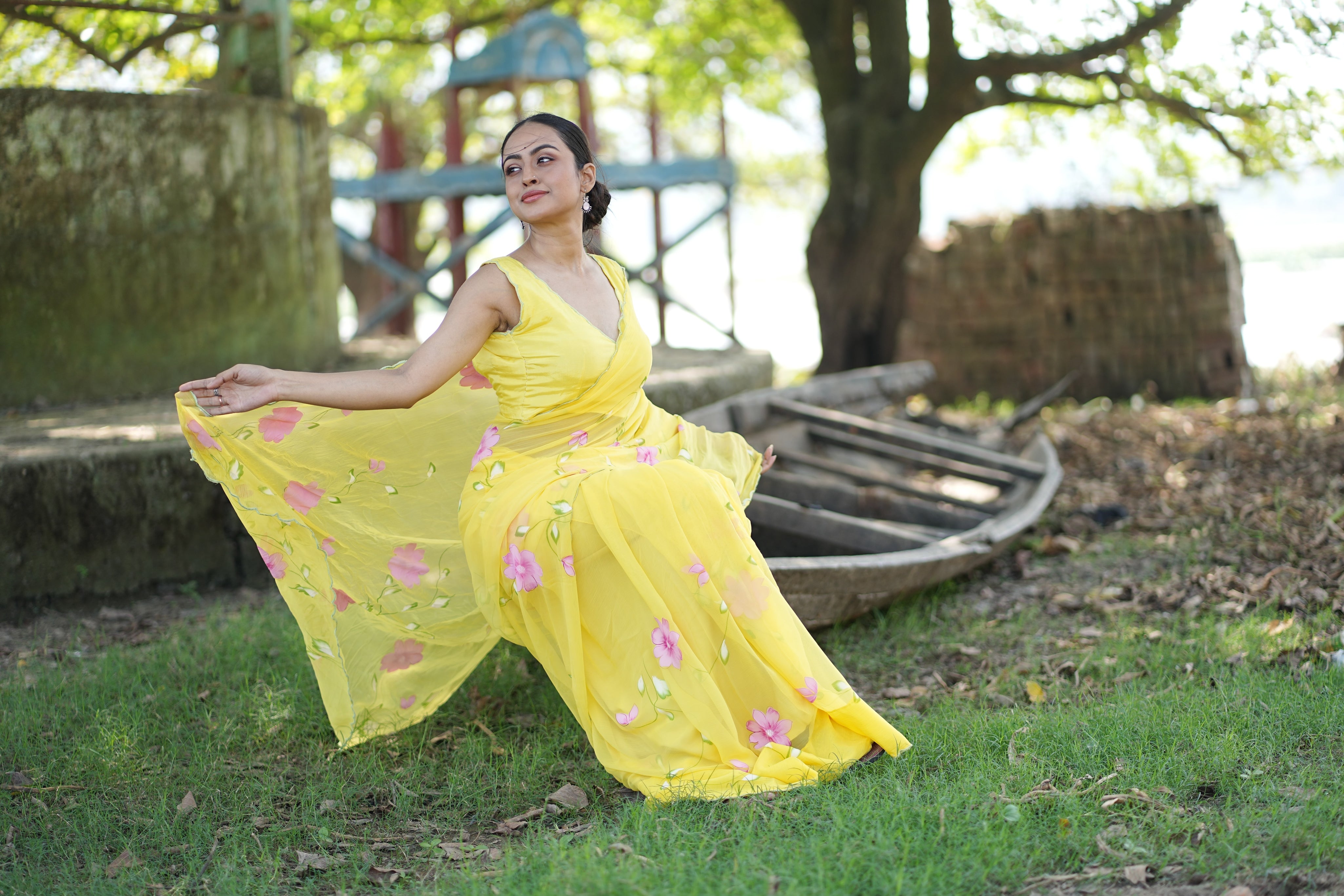 Primrose Glow (Pure Chiffon Hand Painted Saree)