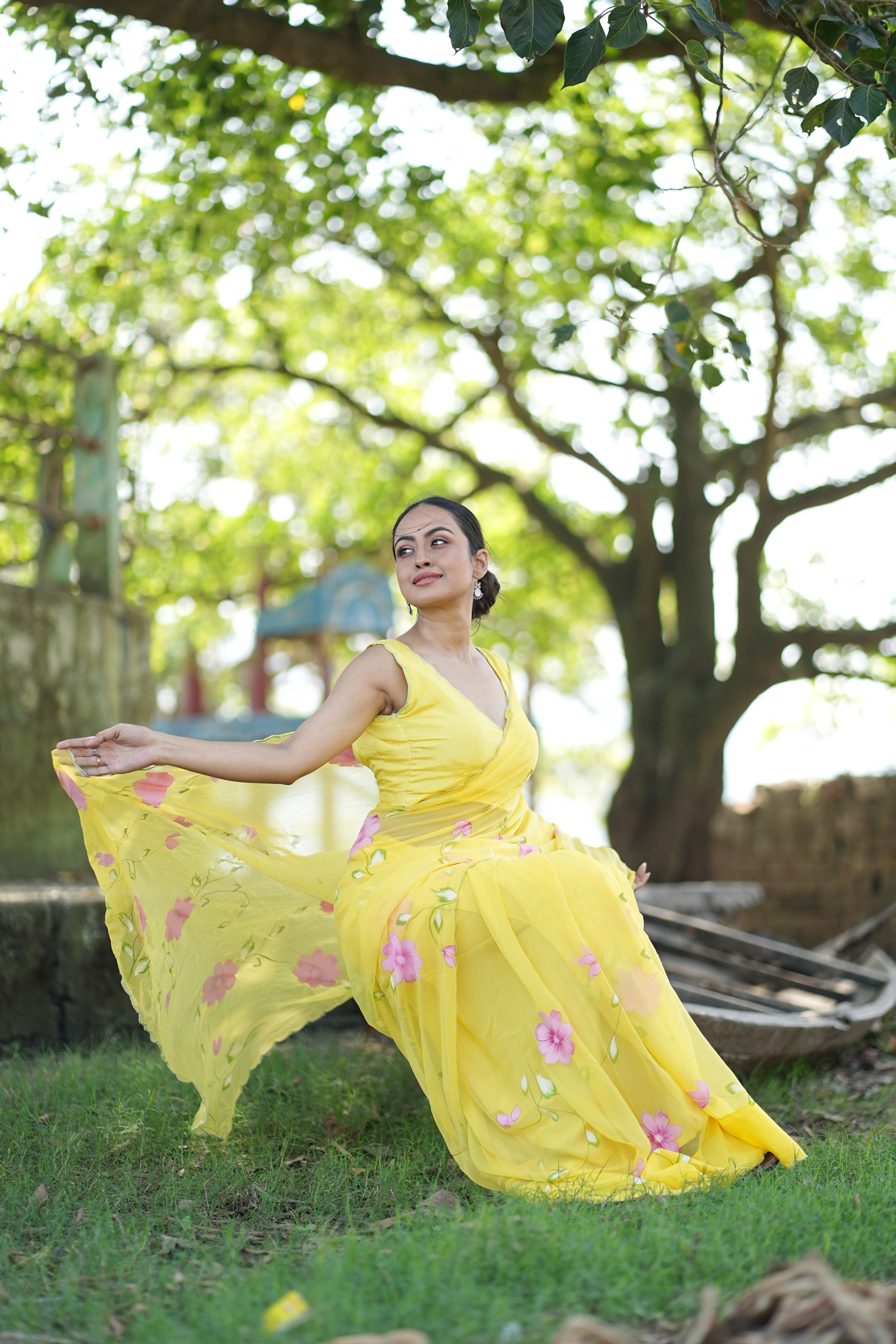 Primrose Glow (Pure Chiffon Hand Painted Saree)