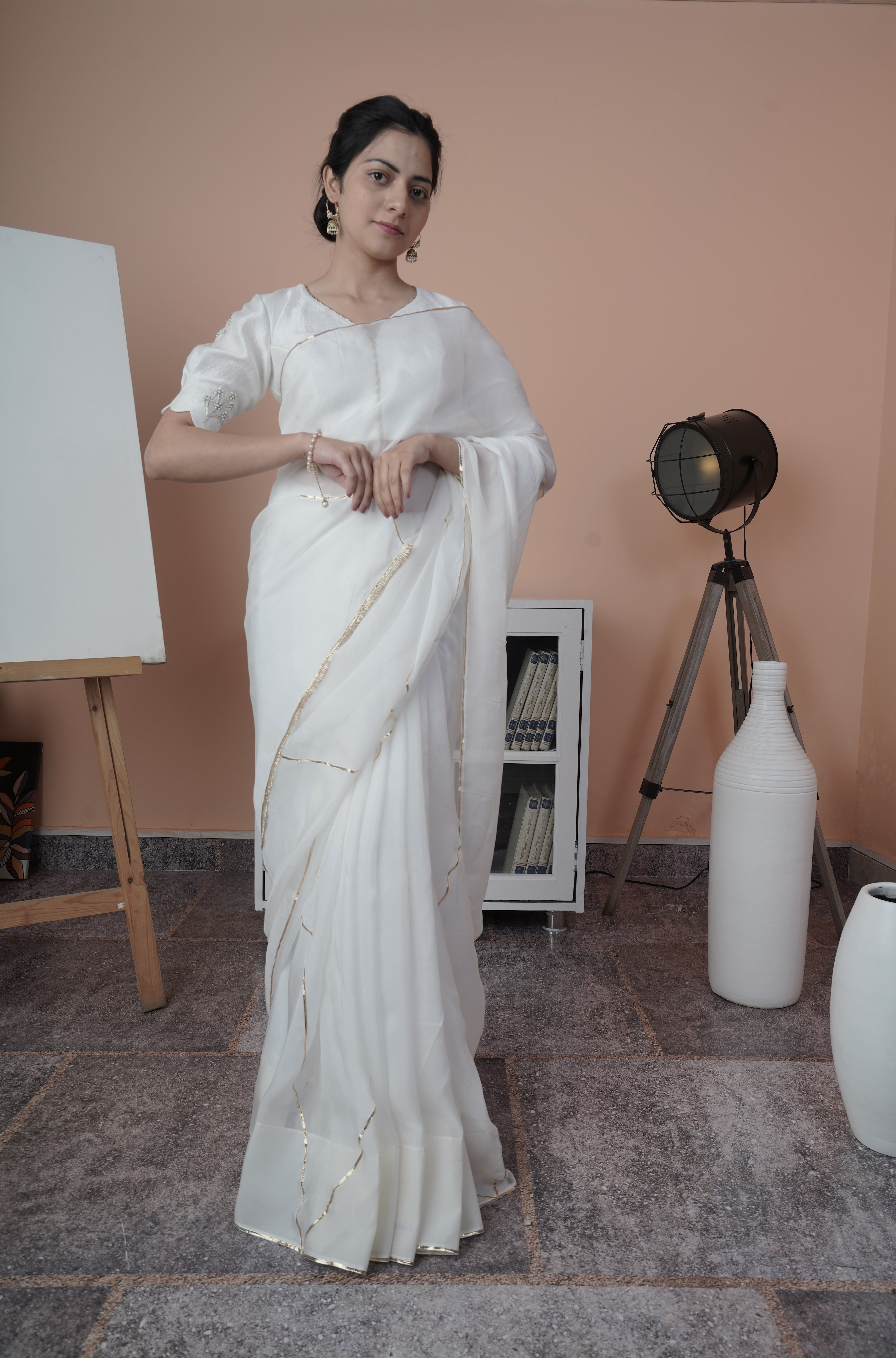 Pearl Bliss - Creme Silk Organza Saree paired with Hand Embroidered Raw Silk Blouse