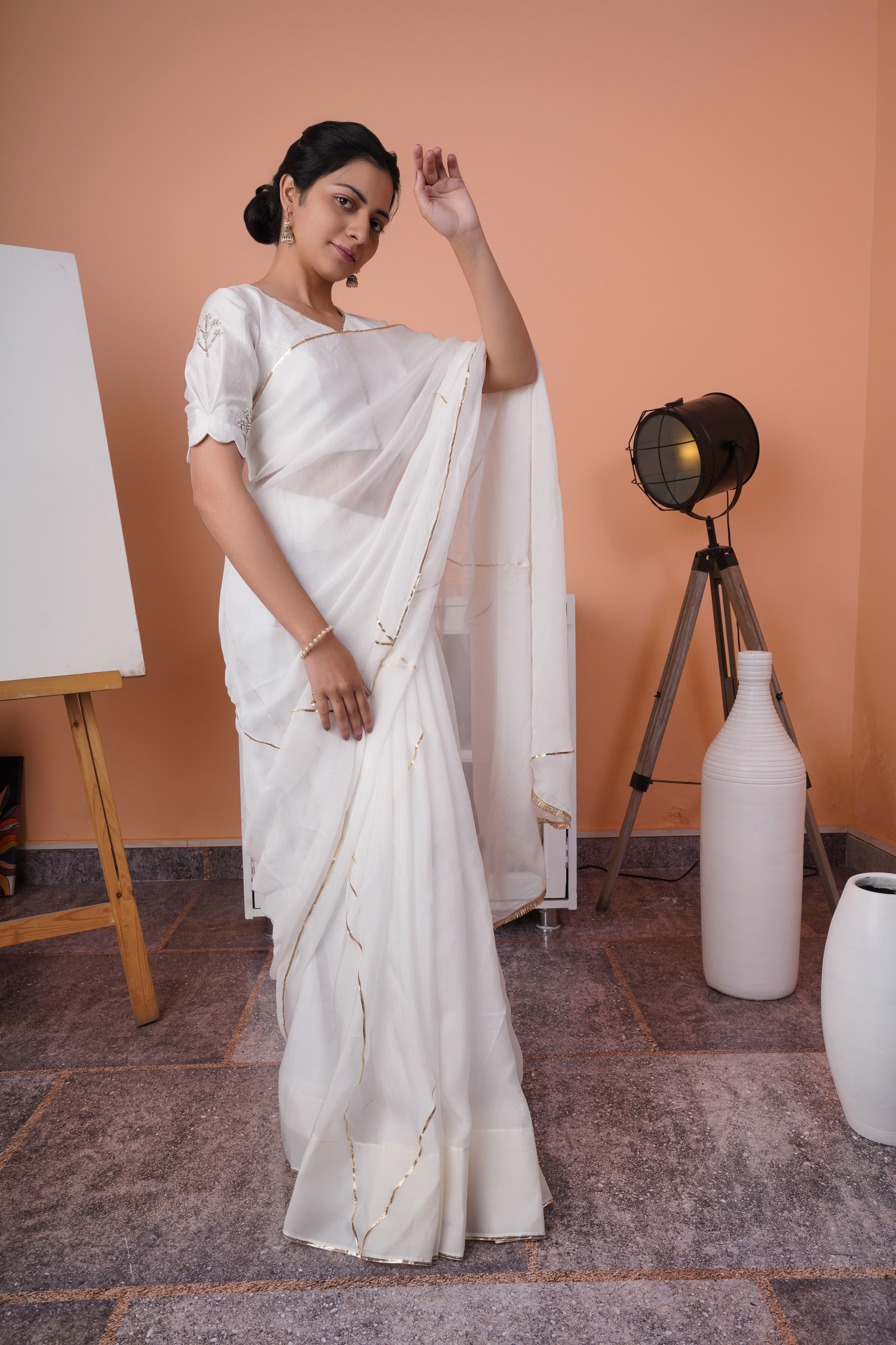 Pearl Bliss - Creme Silk Organza Saree paired with Hand Embroidered Raw Silk Blouse