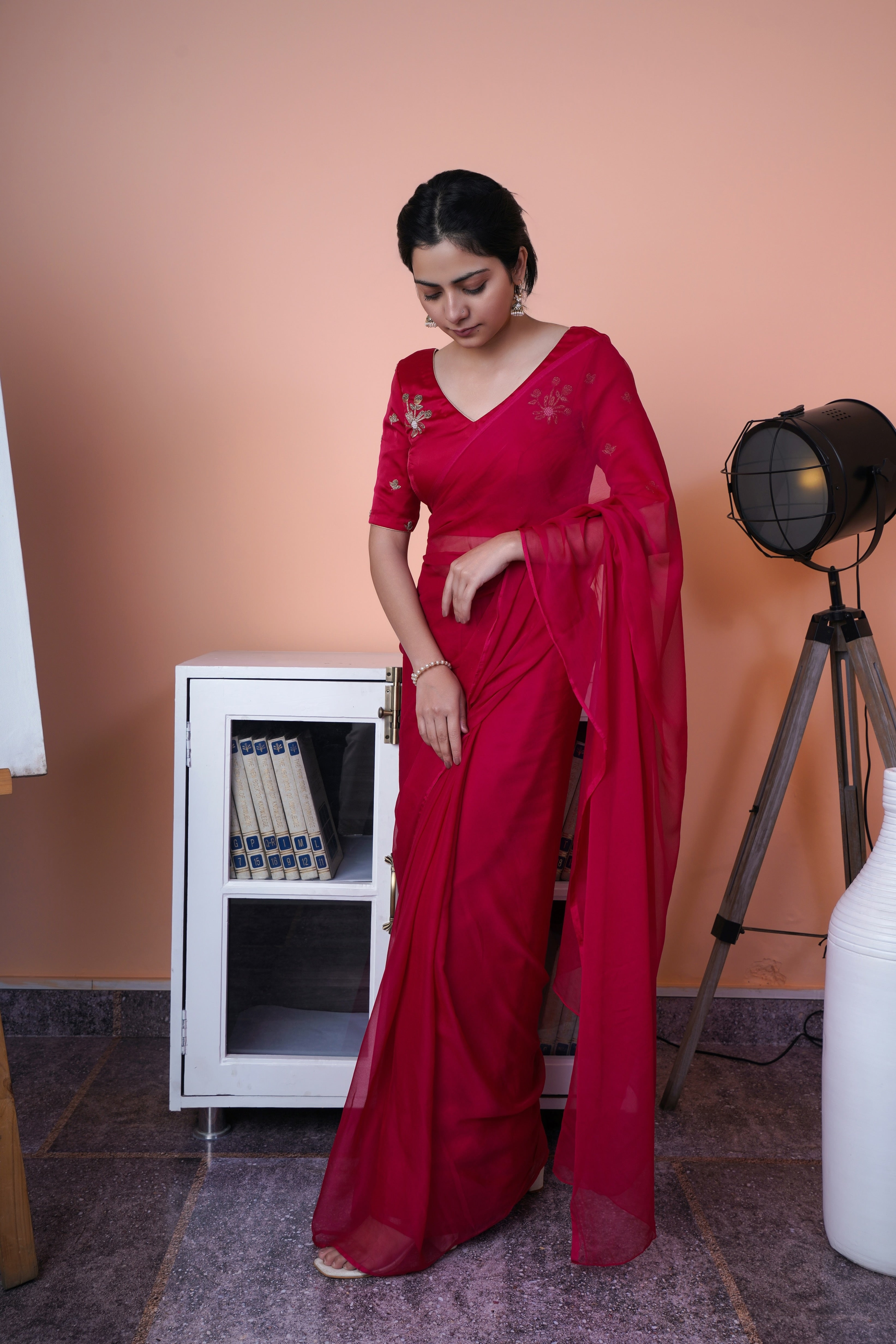 Handcrafted Harmony - Chiffon Saree paired with Hand Embroidered Blouse
