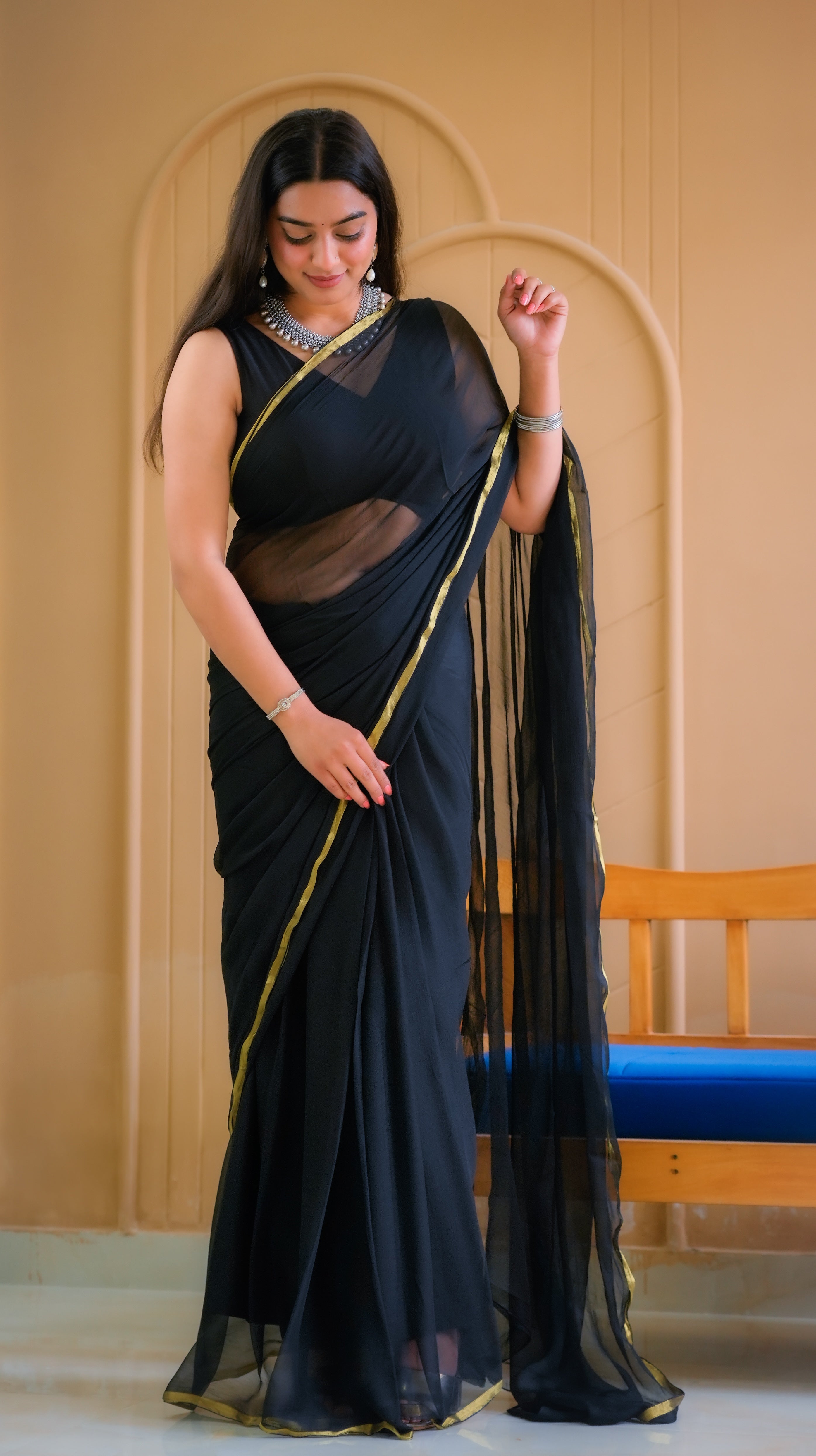 Eclipse Glow (Black Chiffon Zari border Saree)