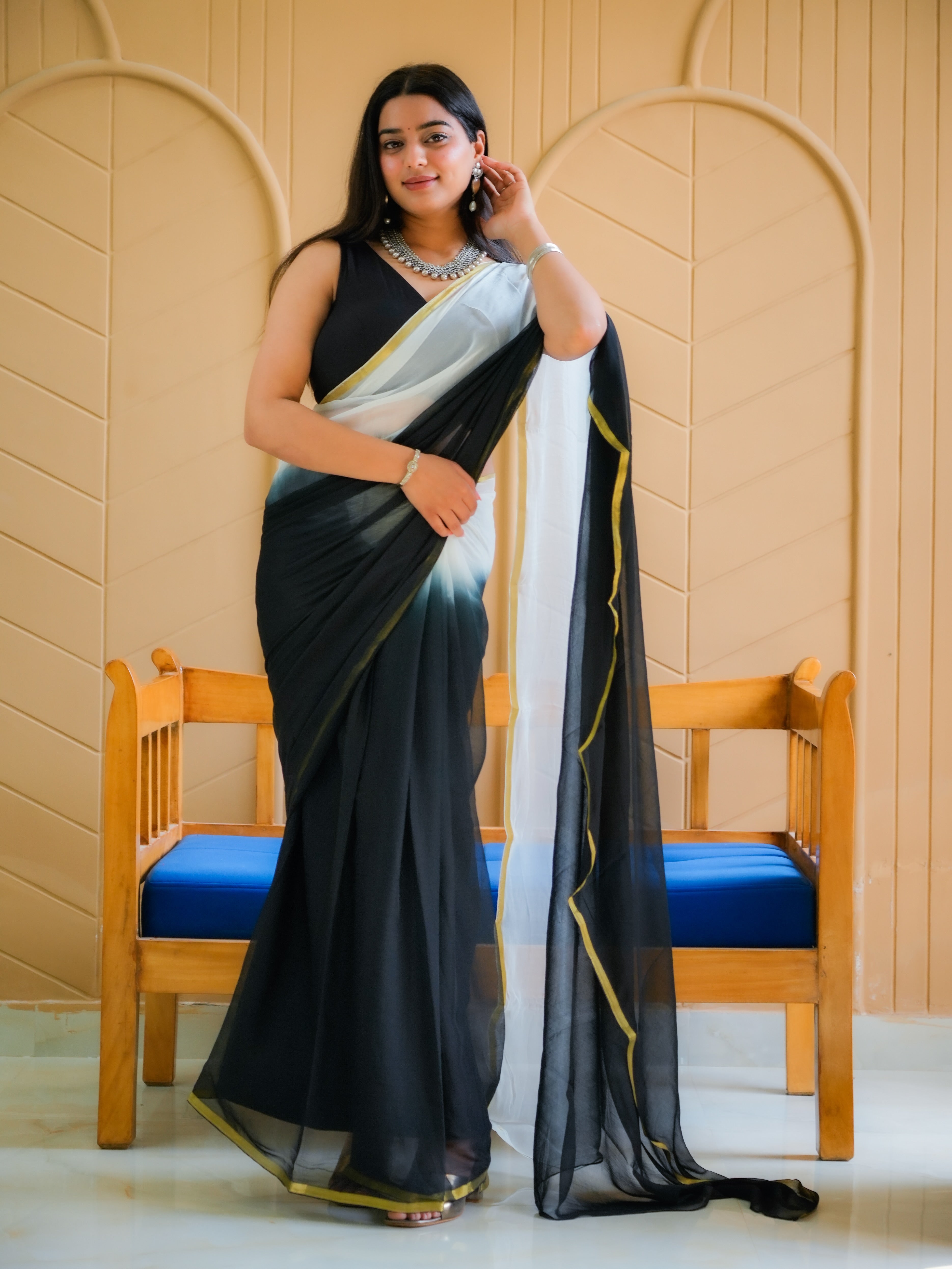 Raven Flow (Black & White Shaded Chiffon Zari Border Saree)