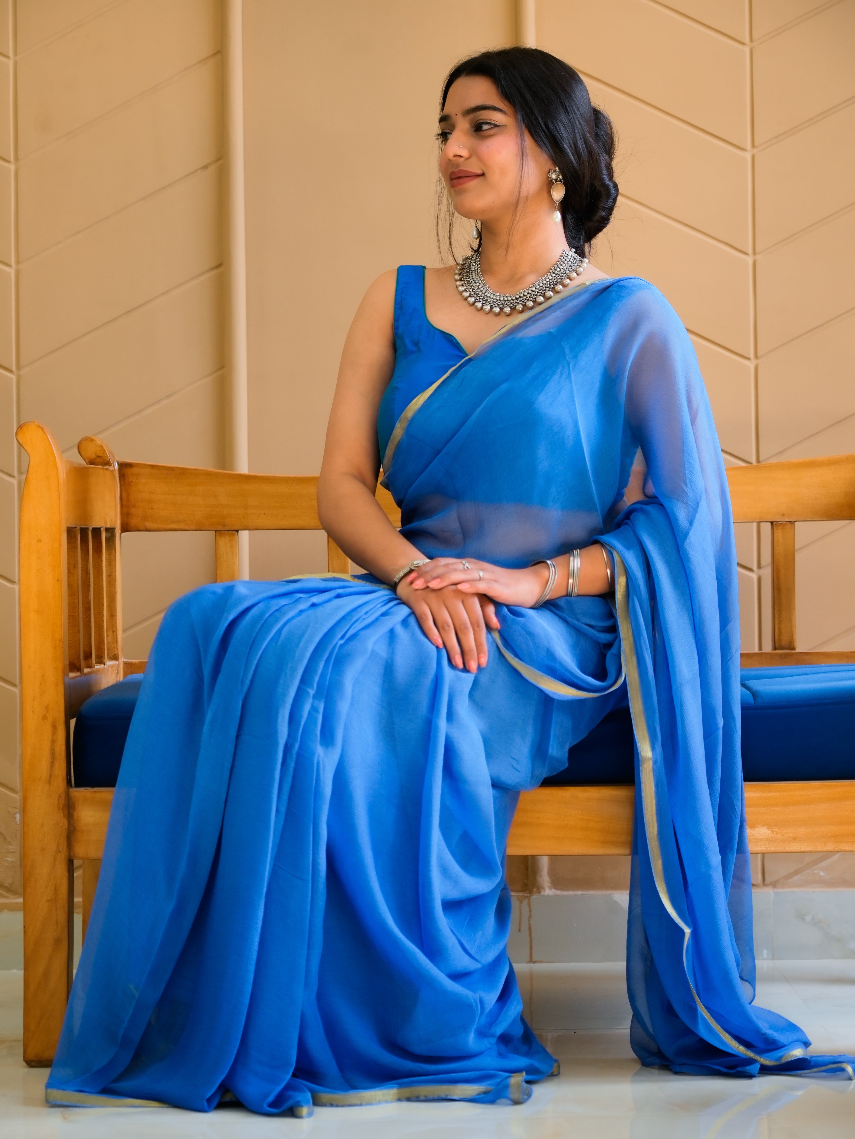 Moonlit Aqua (Blue Chiffon Zari Border Saree)