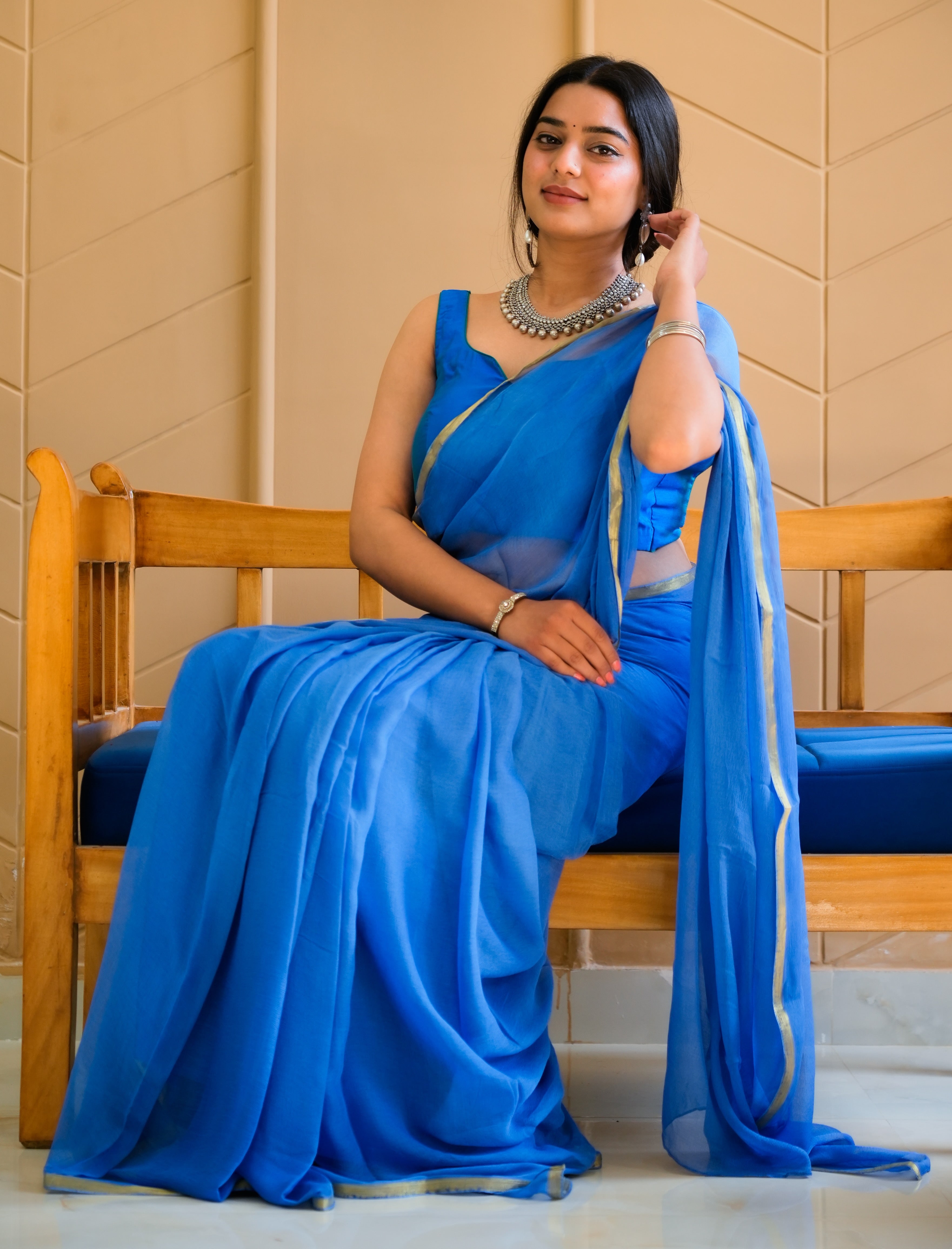 Moonlit Aqua (Blue Chiffon Zari Border Saree)