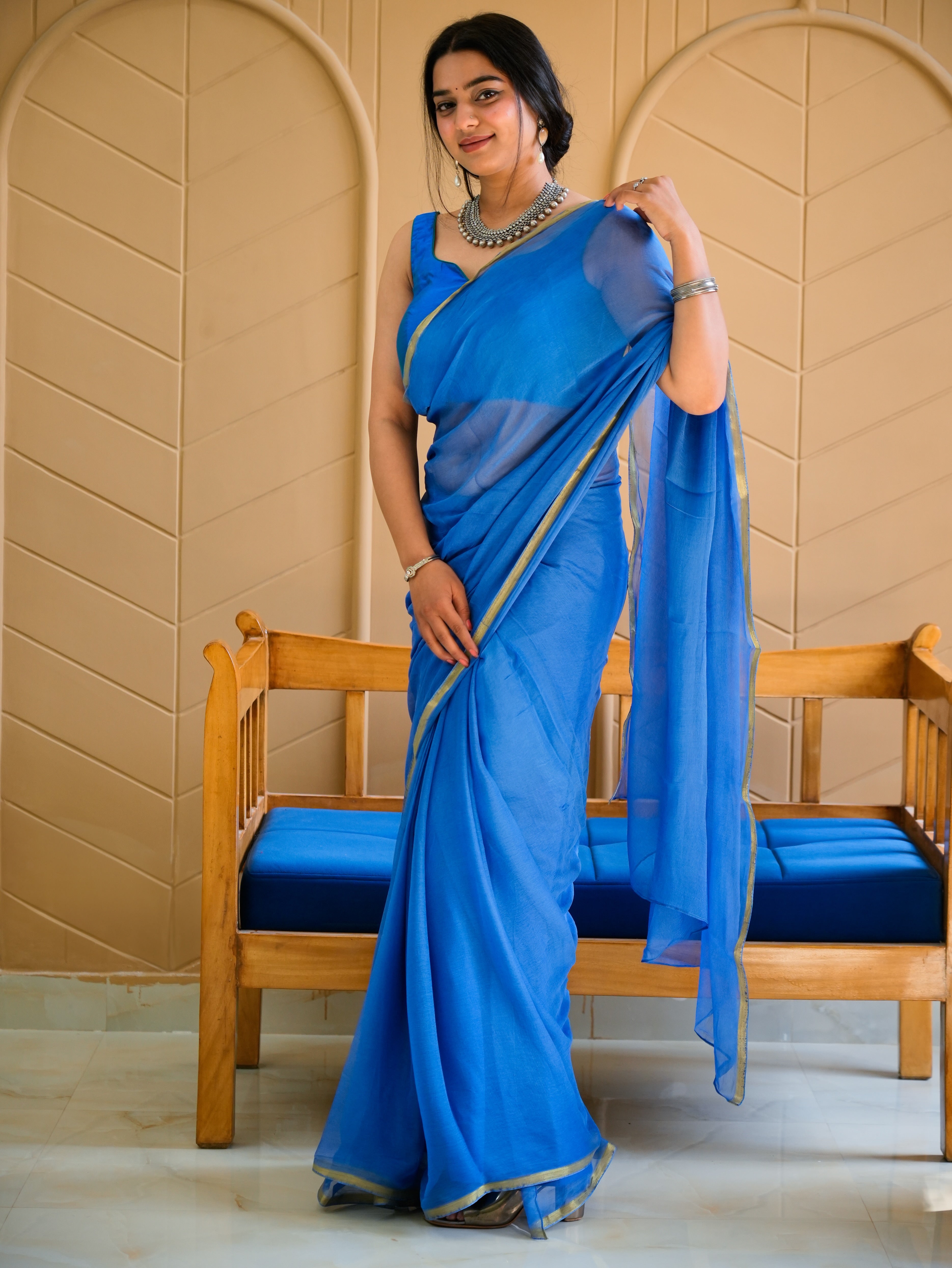 Moonlit Aqua (Blue Chiffon Zari Border Saree)