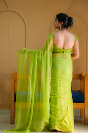 Forest Glint (Green Chiffon Zari Border Saree)