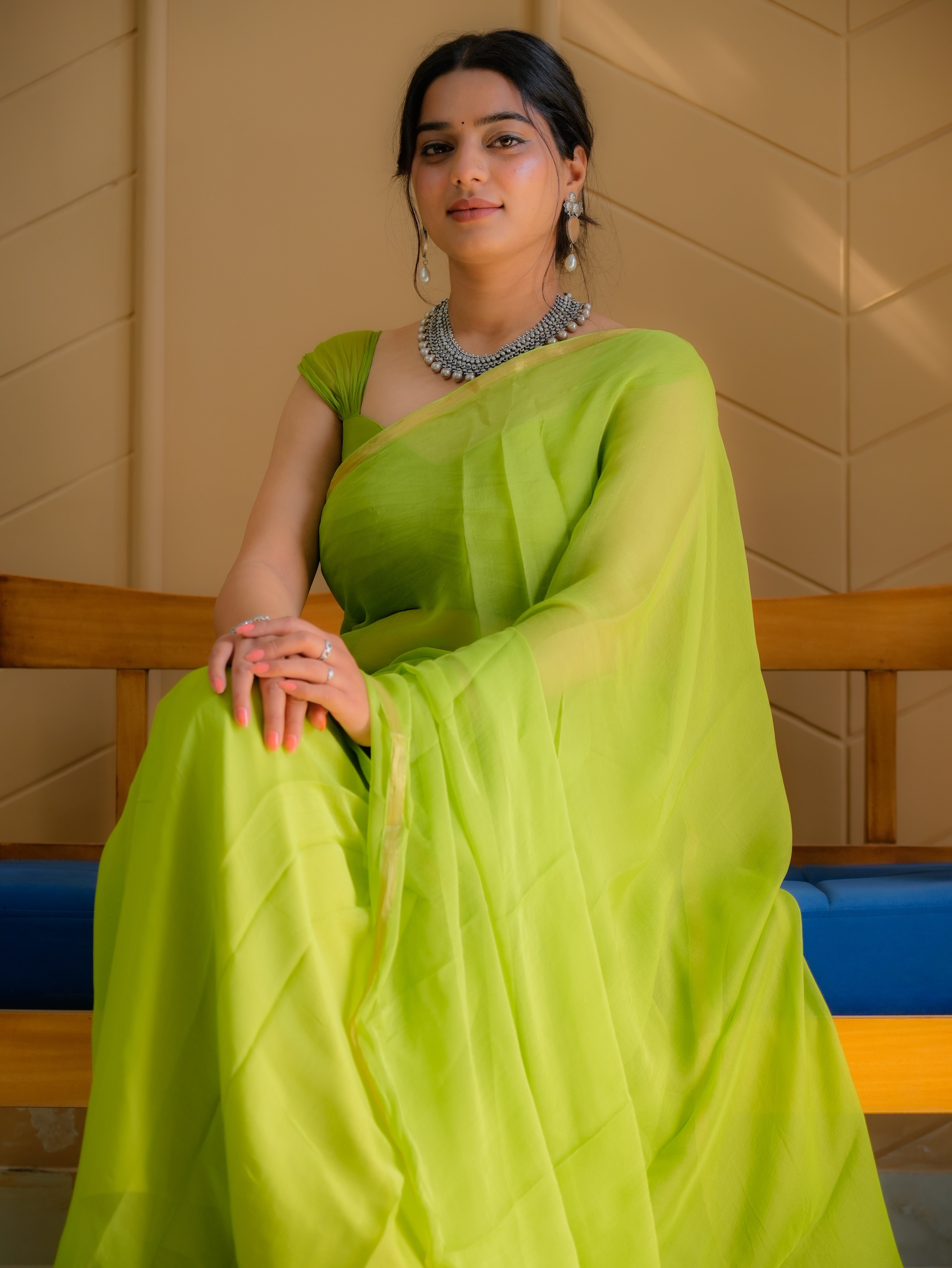 Forest Glint (Green Chiffon Zari Border Saree)