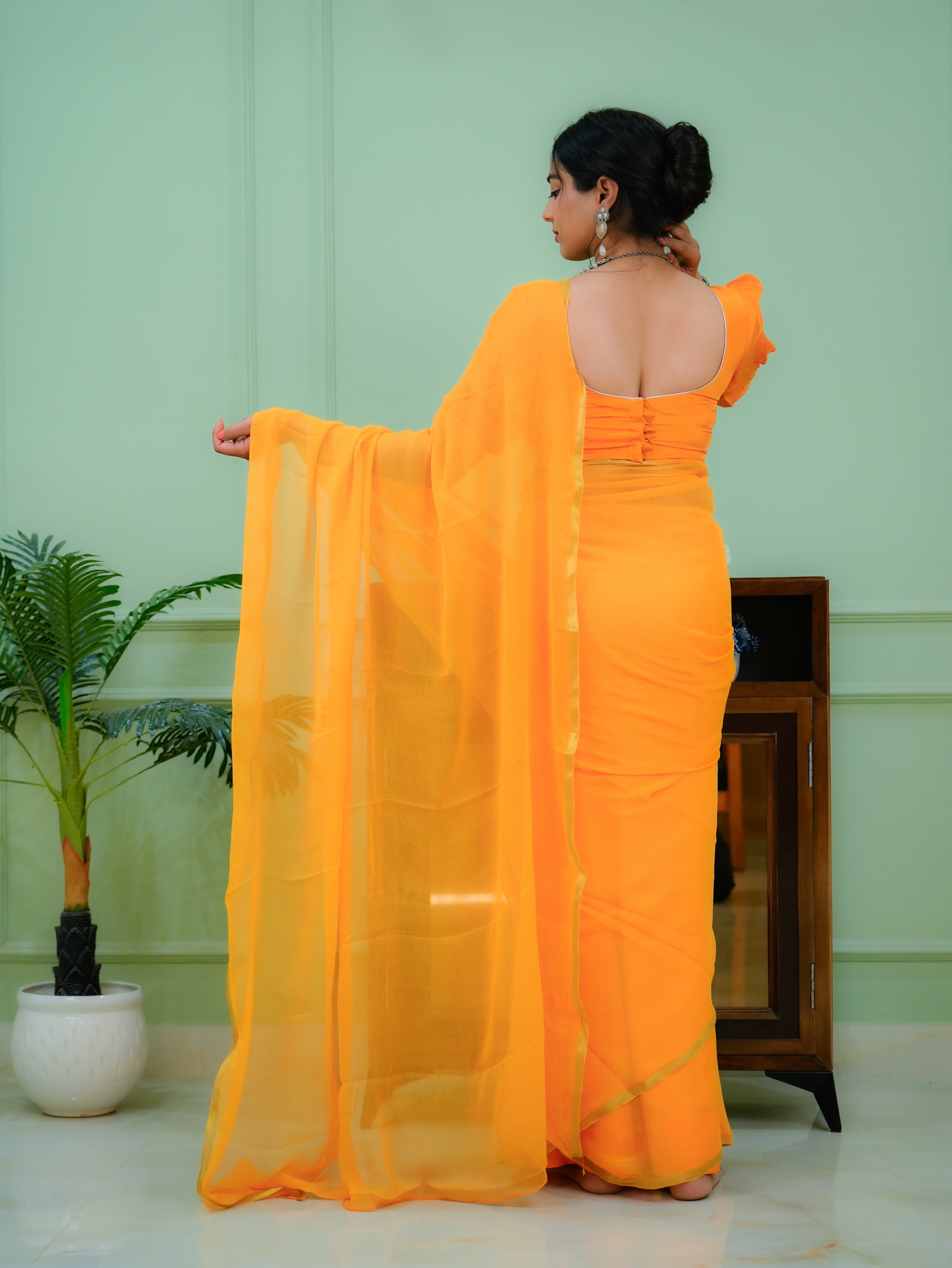 Golden Hush (Orange Chiffon Zari Border Chiffon Saree)