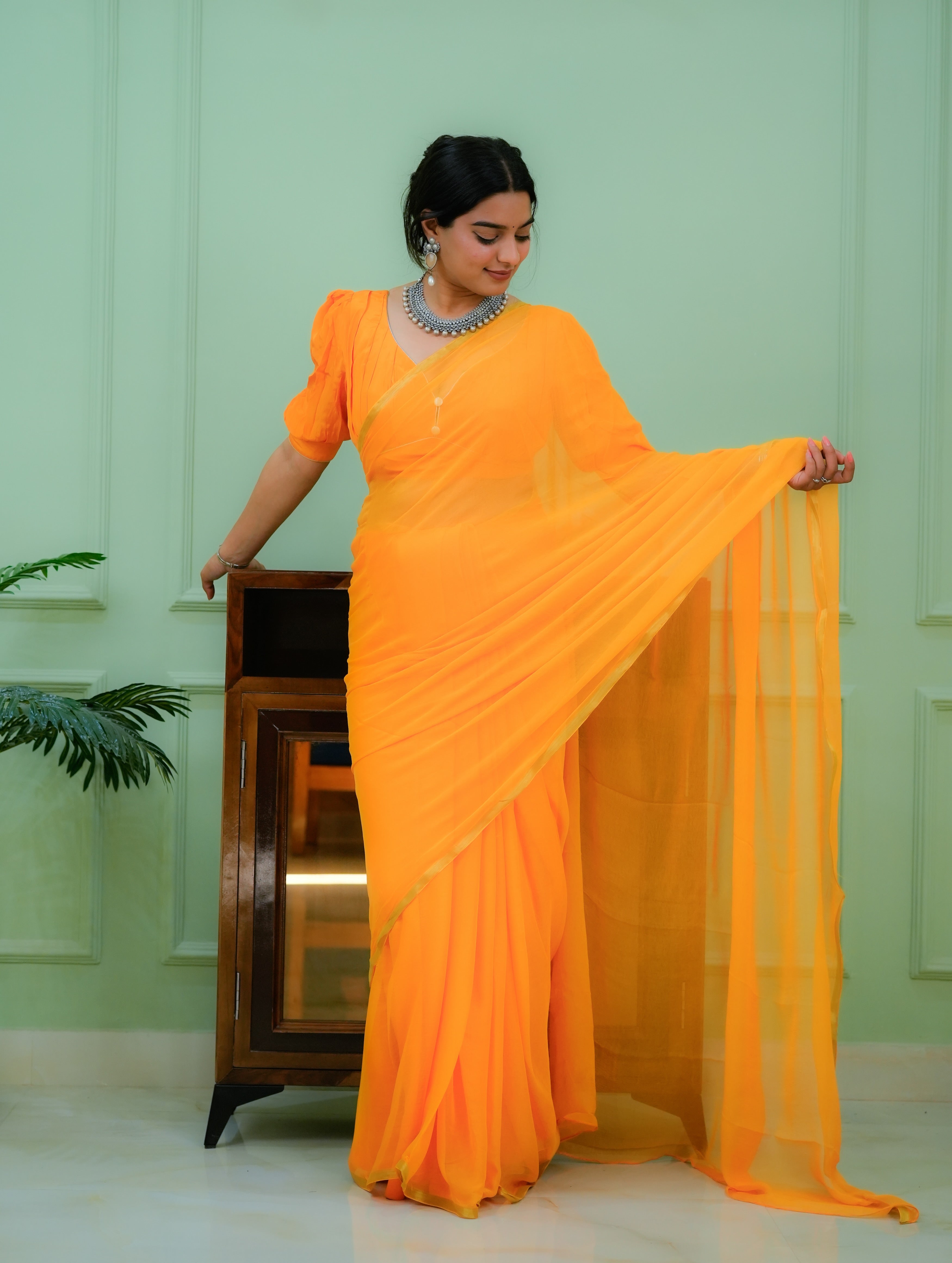 Golden Hush (Orange Chiffon Zari Border Chiffon Saree)