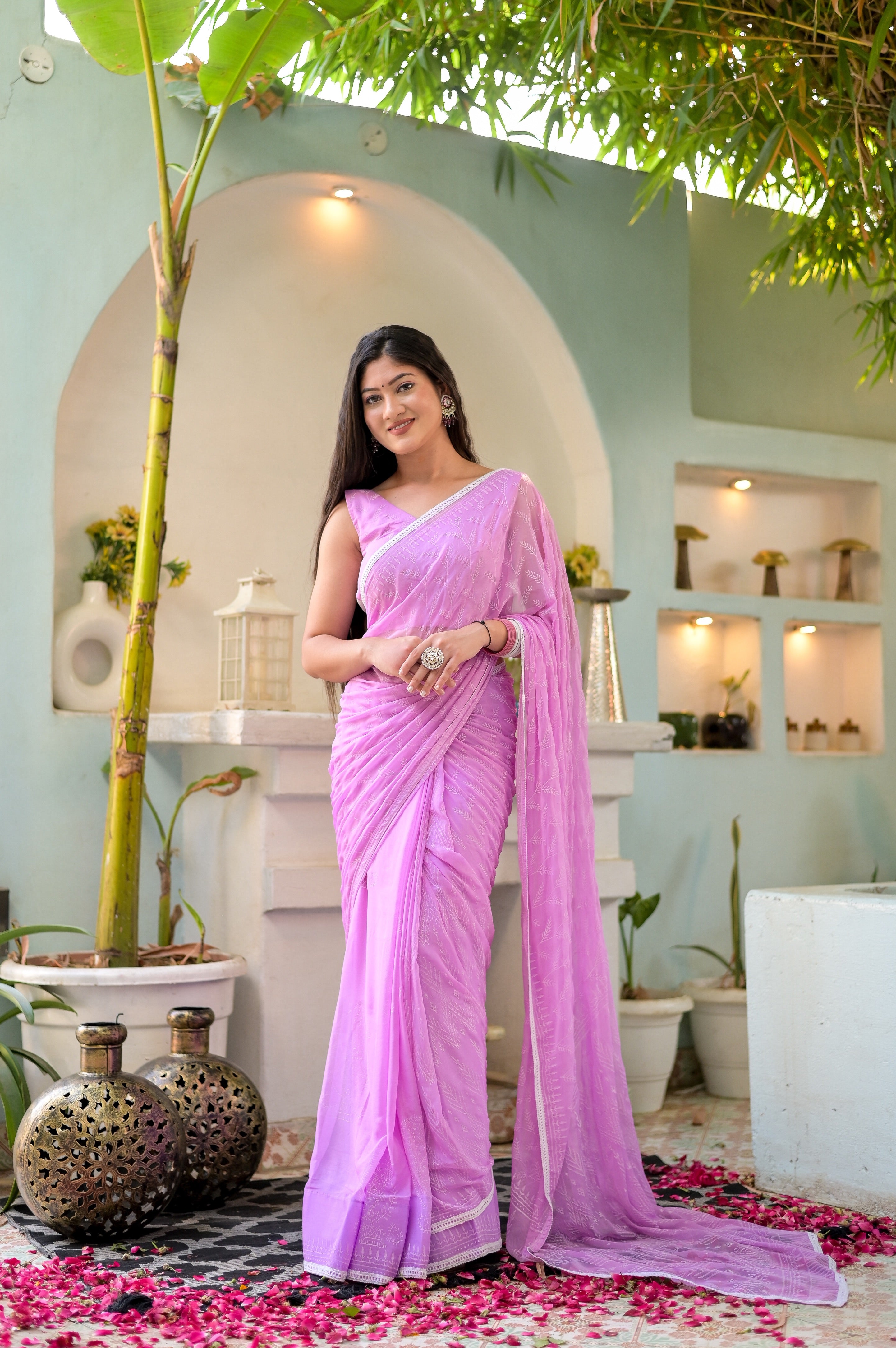 Breezy Blossom (Handblock Chiffon Saree)