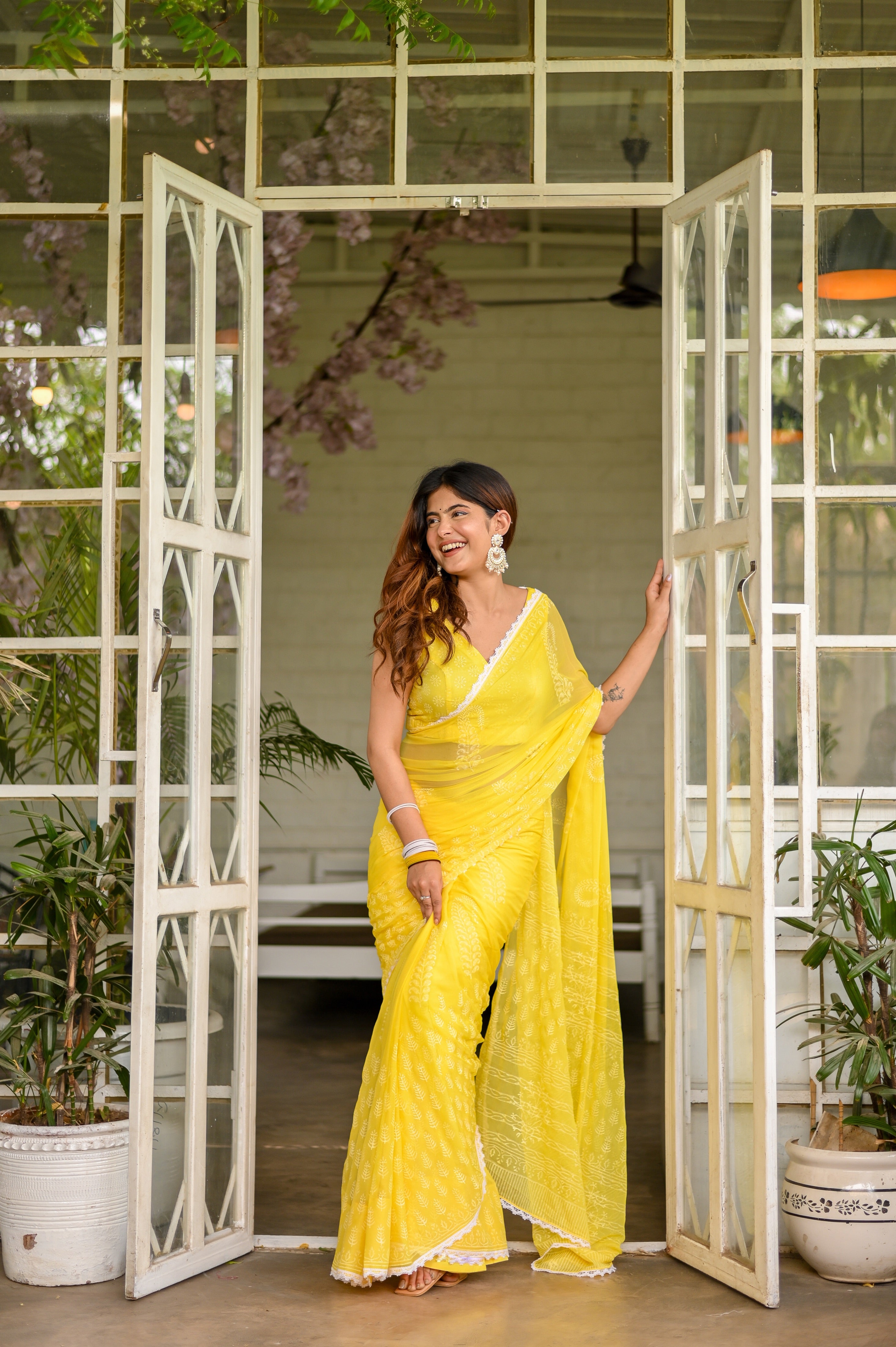 Sunshine Bloom Chiffon Saree (Handblock printed Chiffon Saree)