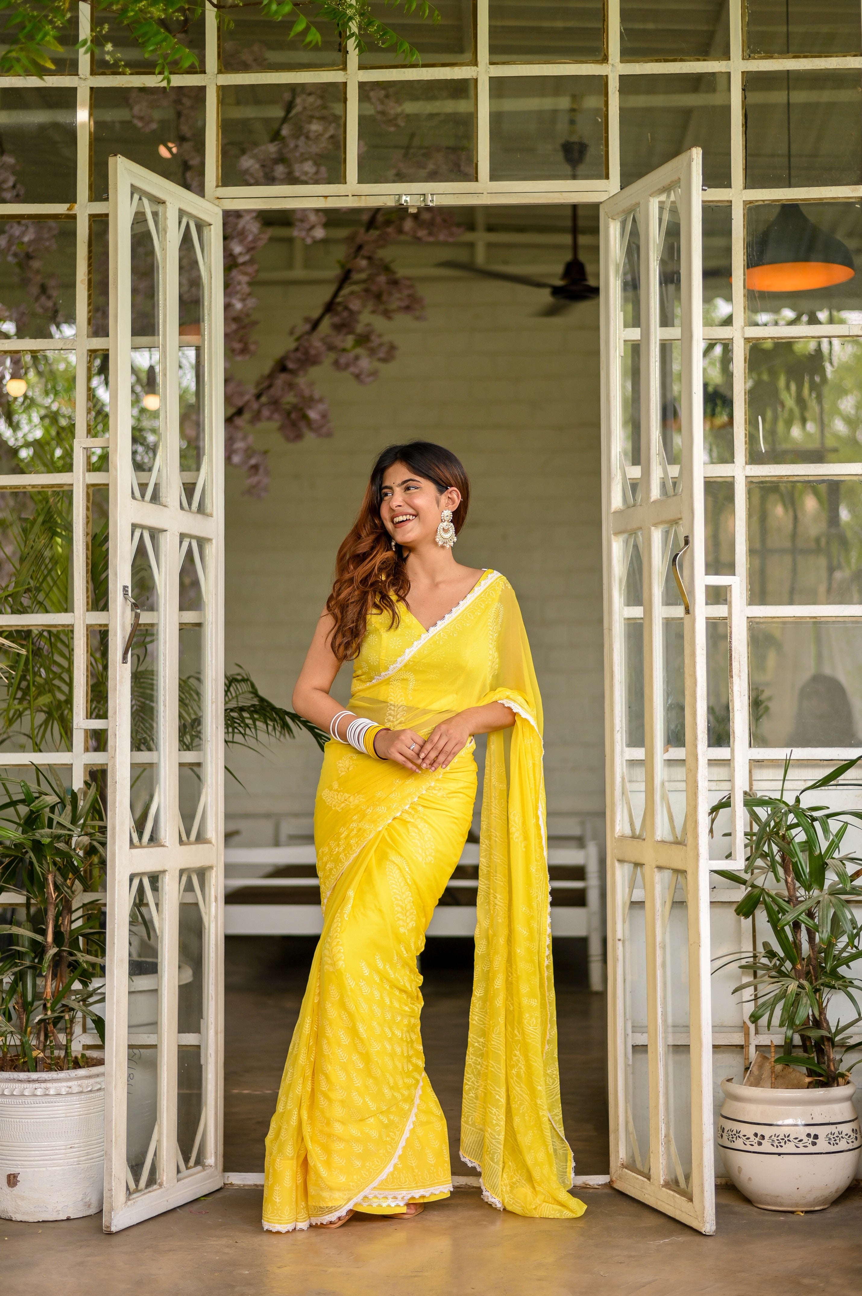 Sunshine Bloom Chiffon Saree (Handblock printed Chiffon Saree)