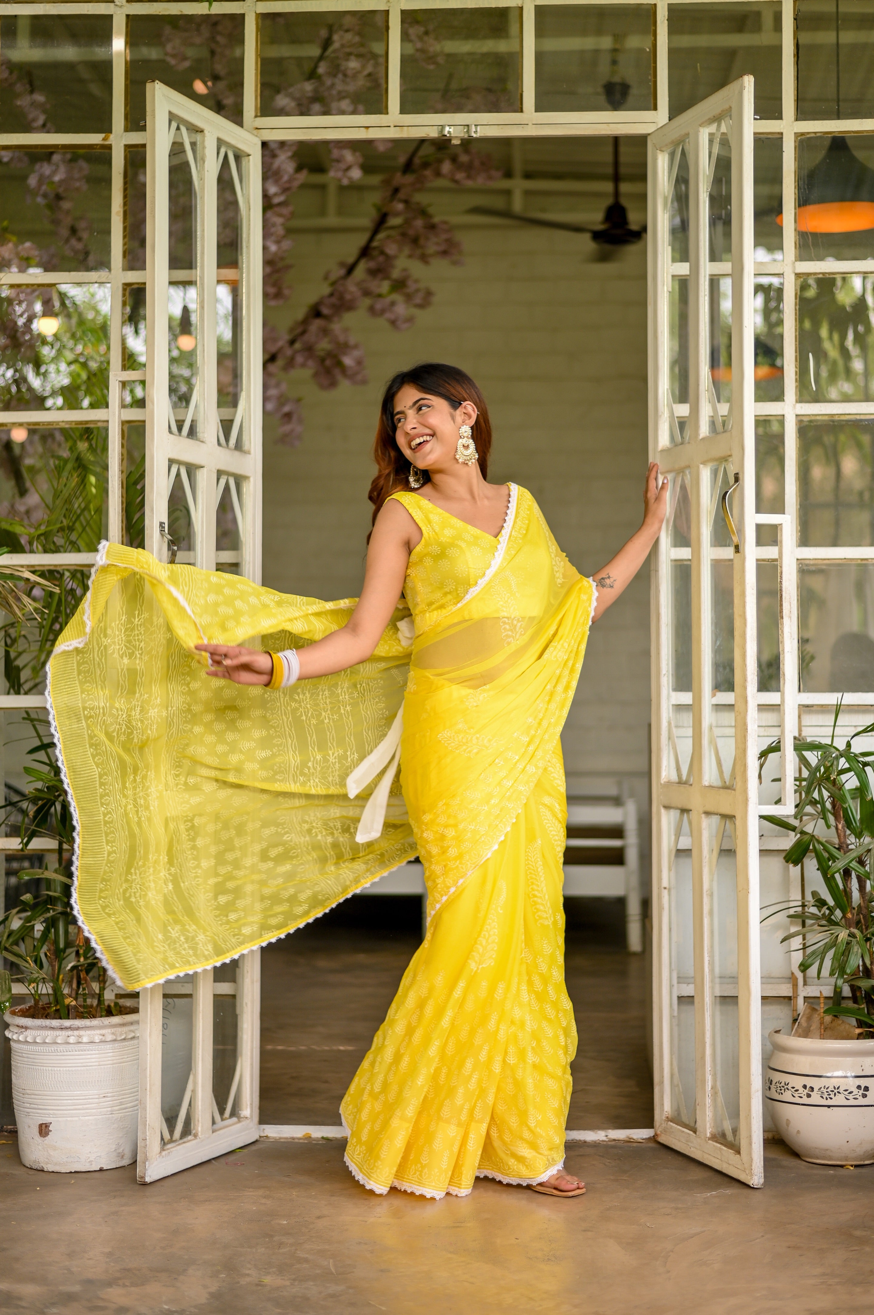 Sunshine Bloom Chiffon Saree (Handblock printed Chiffon Saree)