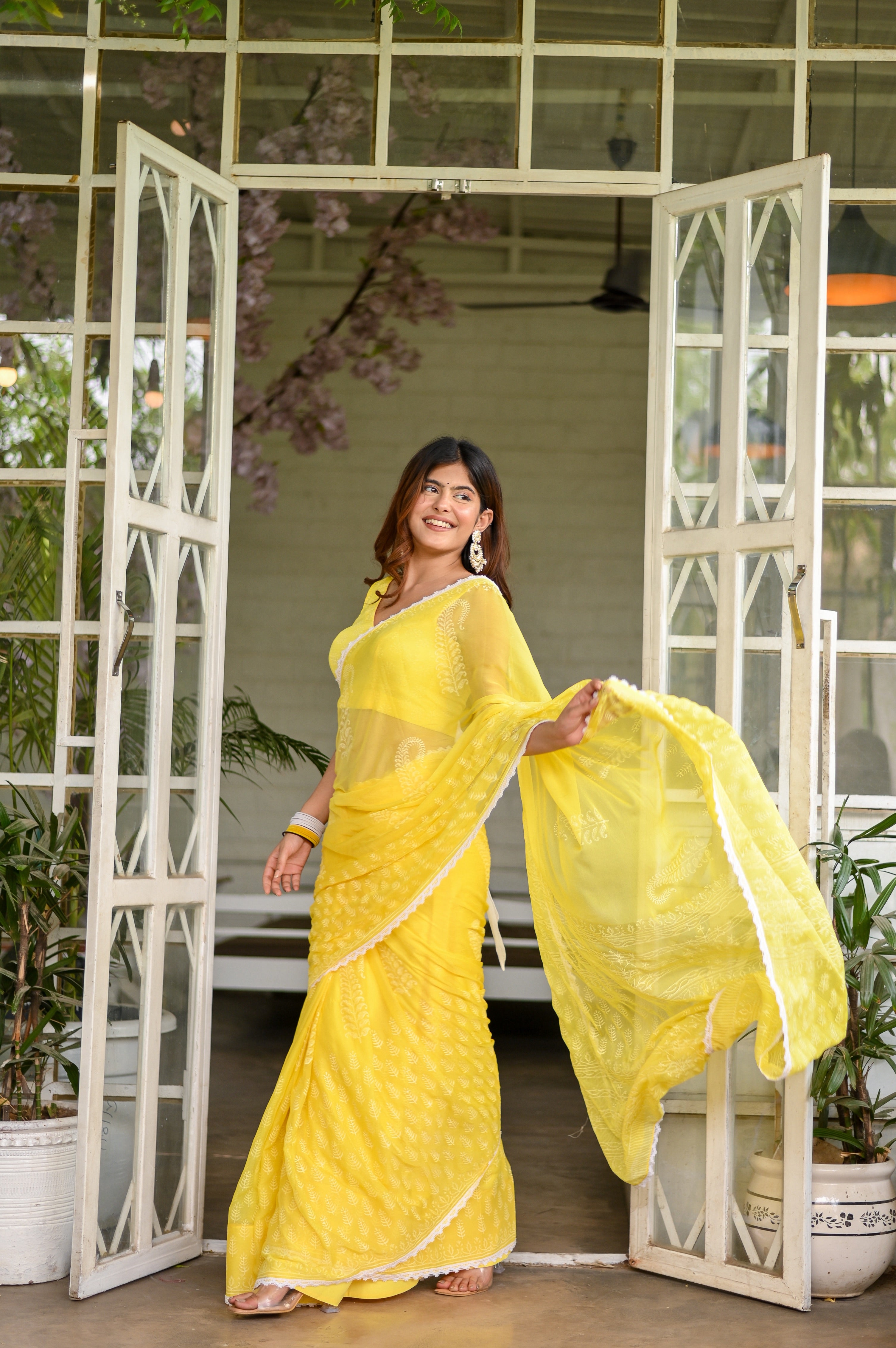 Sunshine Bloom Chiffon Saree (Handblock printed Chiffon Saree)