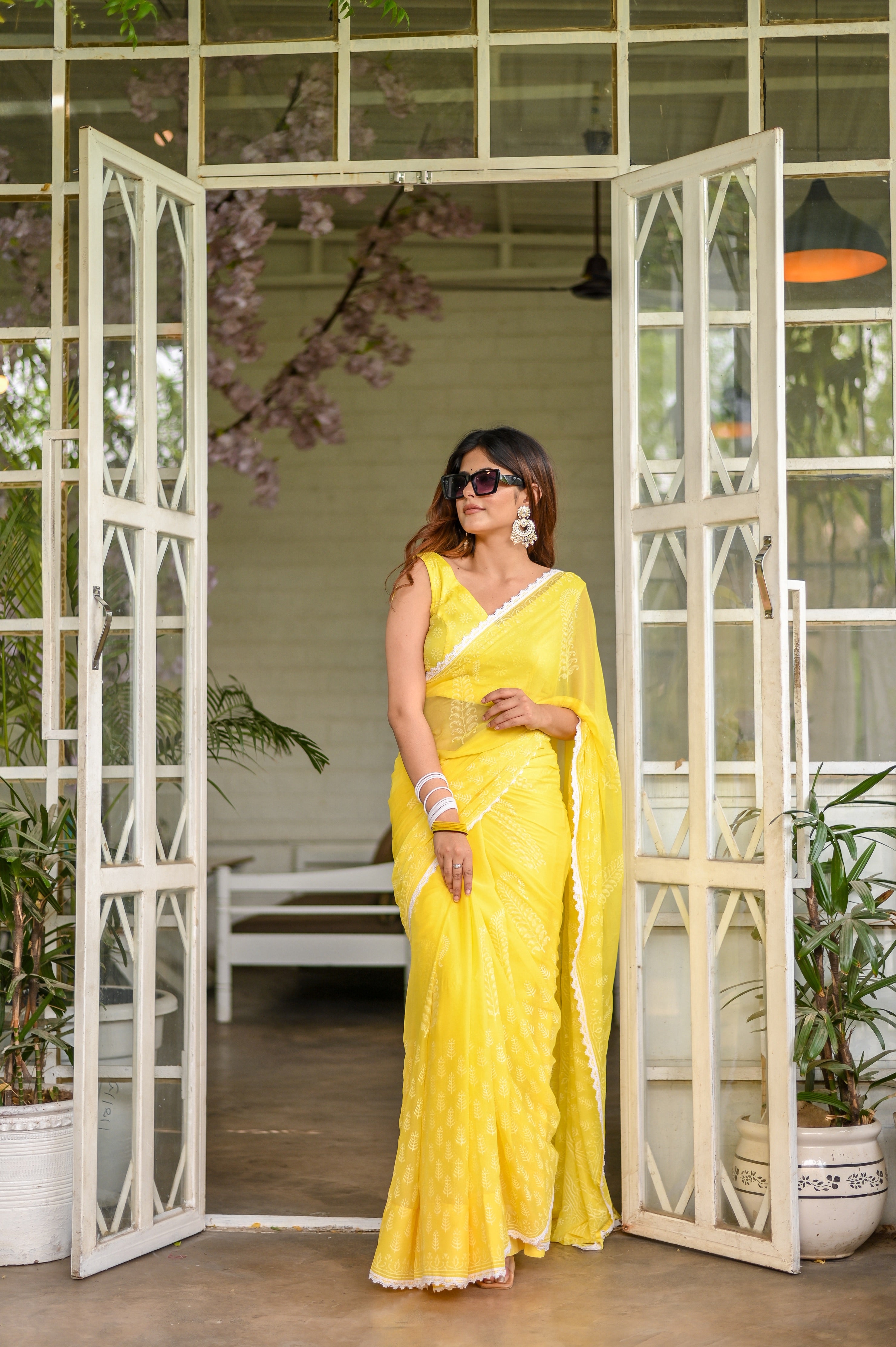 Sunshine Bloom Chiffon Saree (Handblock printed Chiffon Saree)