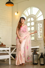 Blushing Brushstrokes (Handpainted Pure Viscose  Organza  Saree)