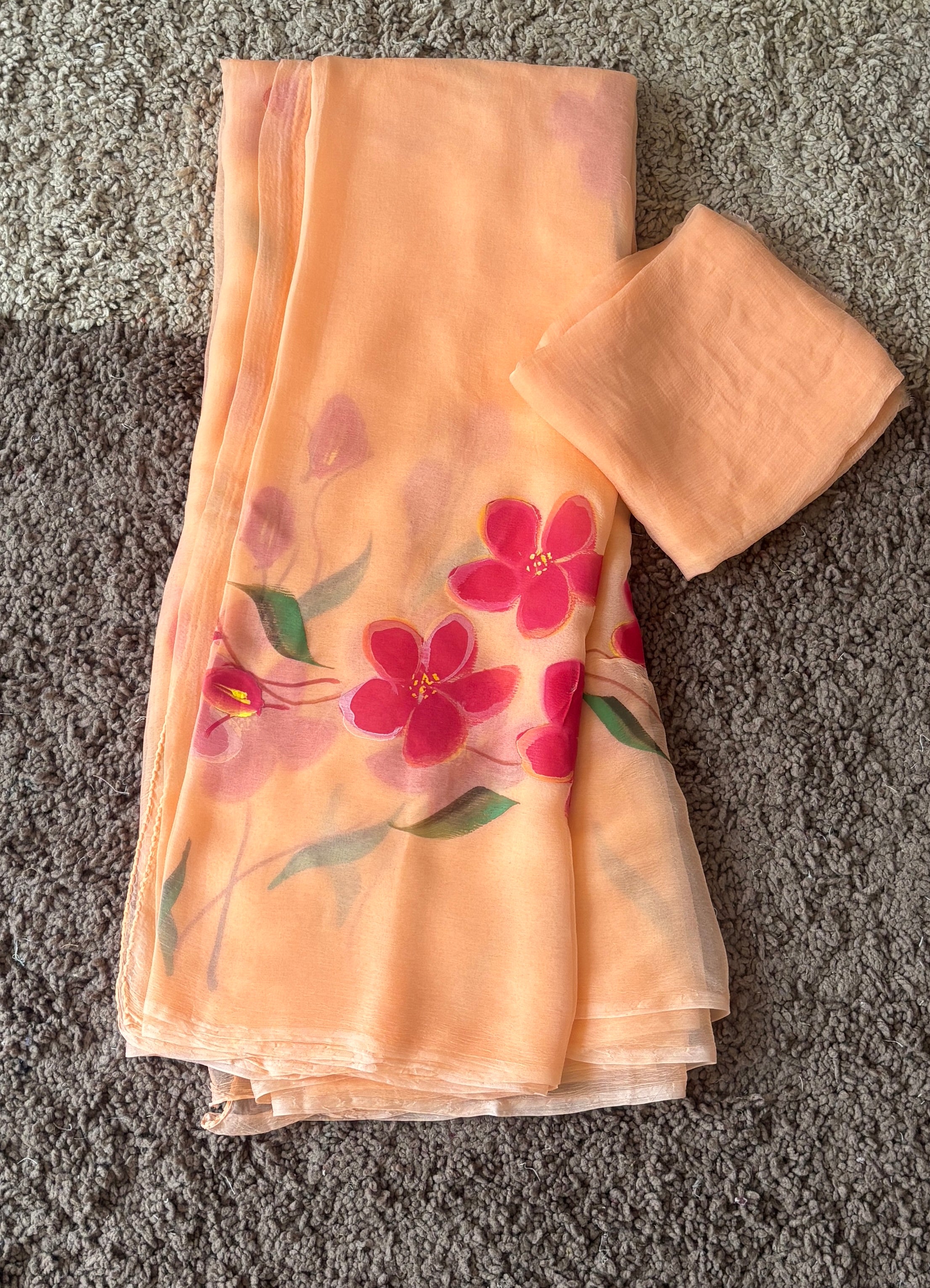Blush Petals (Handpainted Pure Chiffon Saree)