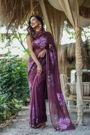 Amethyst Bloom (Handpainted & Hand-Embroidered Chiffon Saree)
