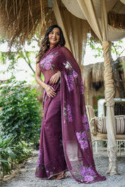 Amethyst Bloom (Handpainted & Hand-Embroidered Chiffon Saree)