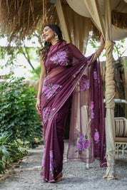 Amethyst Bloom (Handpainted & Hand-Embroidered Chiffon Saree)