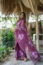 Amethyst Bloom (Handpainted & Hand-Embroidered Chiffon Saree)