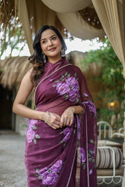 Amethyst Bloom (Handpainted & Hand-Embroidered Chiffon Saree)