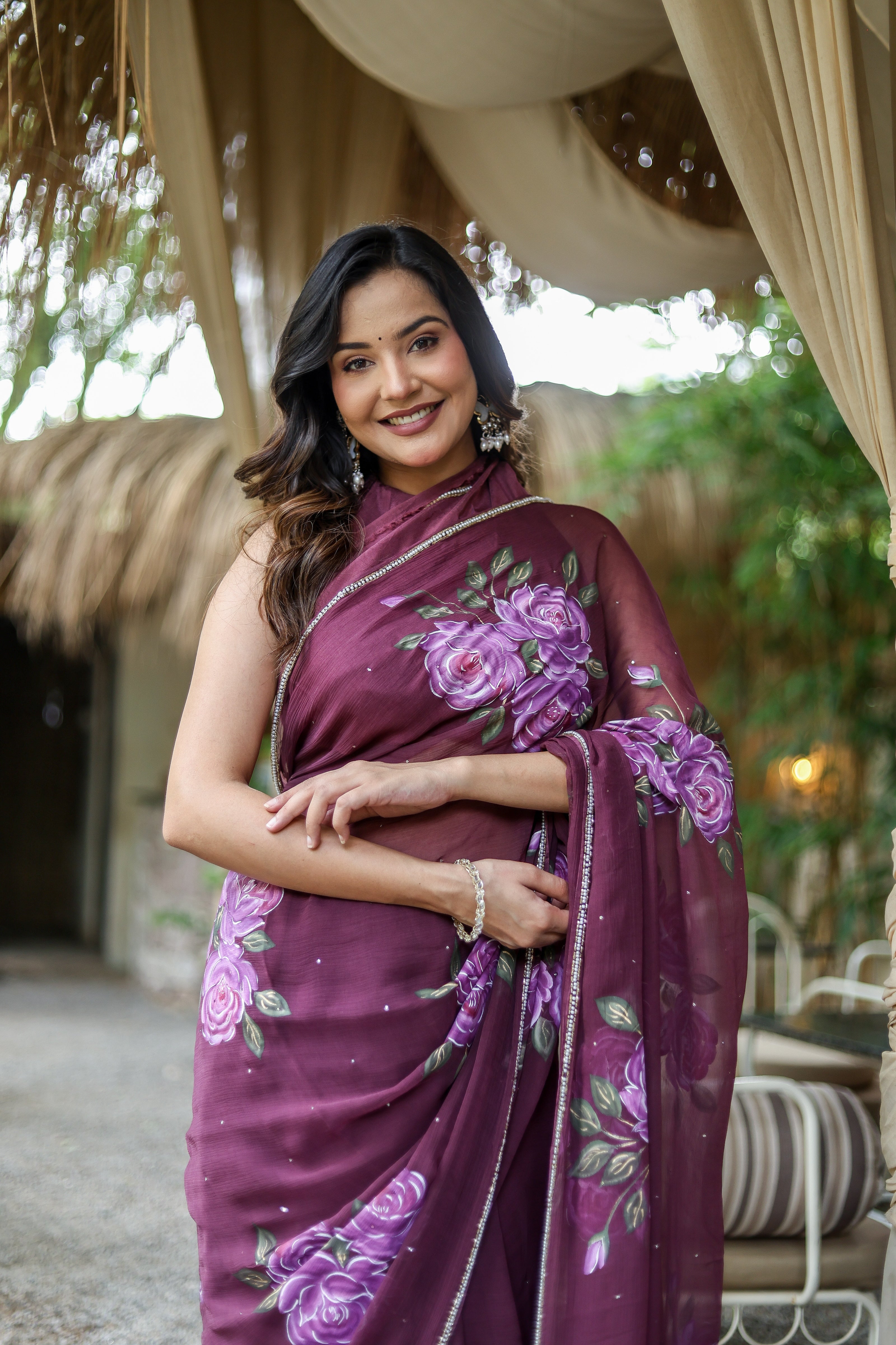 Amethyst Bloom (Handpainted & Hand-Embroidered Chiffon Saree)