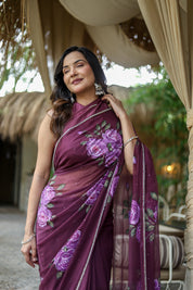 Amethyst Bloom (Handpainted & Hand-Embroidered Chiffon Saree)