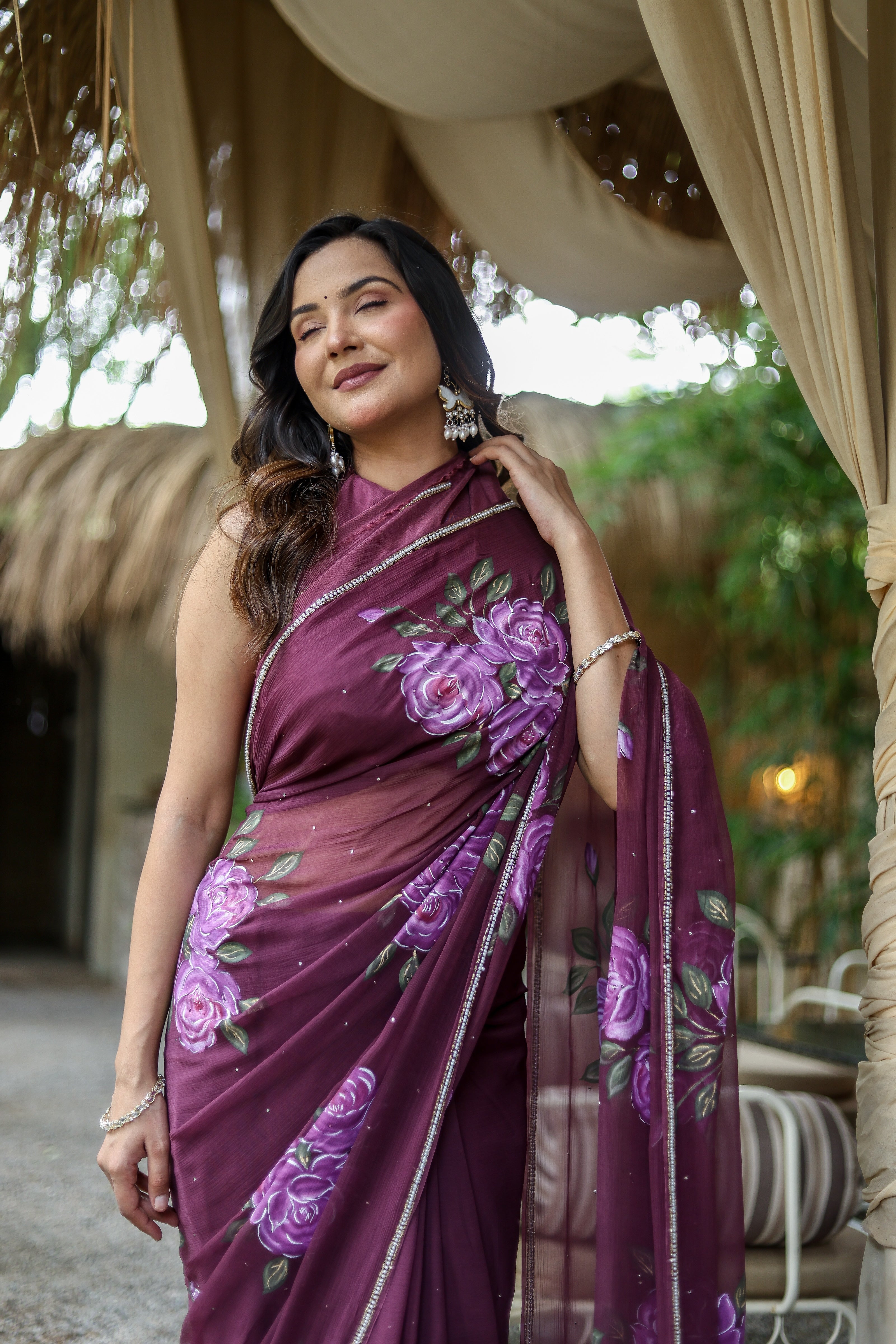 Amethyst Bloom (Handpainted & Hand-Embroidered Chiffon Saree)